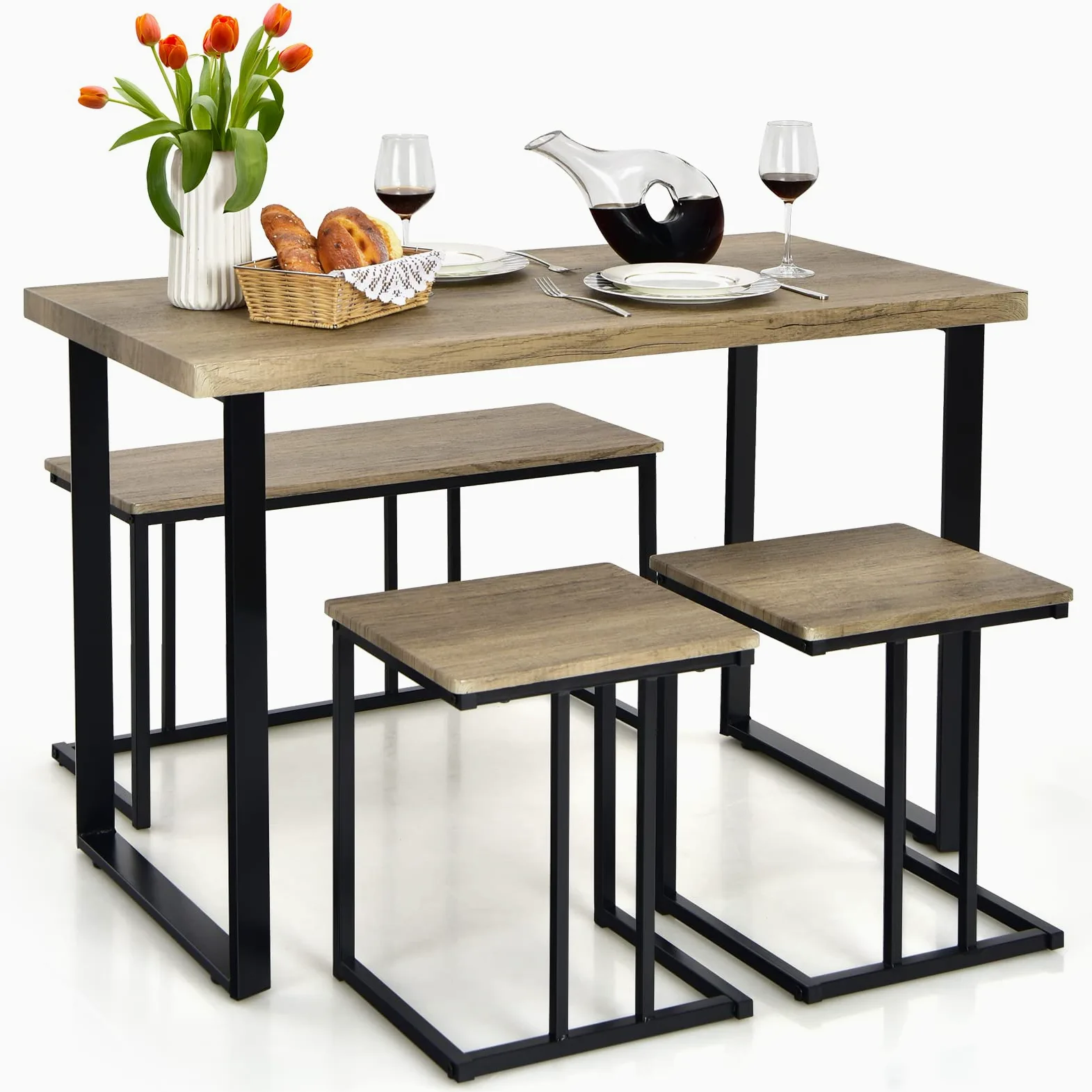 RELAX4LIFE Tavolo da Pranzo 4 Pezzi, Set Tavolo Cucina con Panca 2 Sgabelli, Tavolo da Bar con Struttura in Metallo, Gruppo Sedute per 4 Persone, Design Industriale, Rovere Grigio