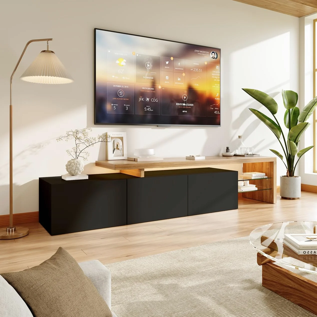 Mobiletto TV LED 200 cm, Mobili TV con Ripiano in Vetro, Mobile TV da Soggiorno, Panca TV Moderna in Legno con 3 Armadietti, Armadio Basso Soggiorno per Interni, Nero