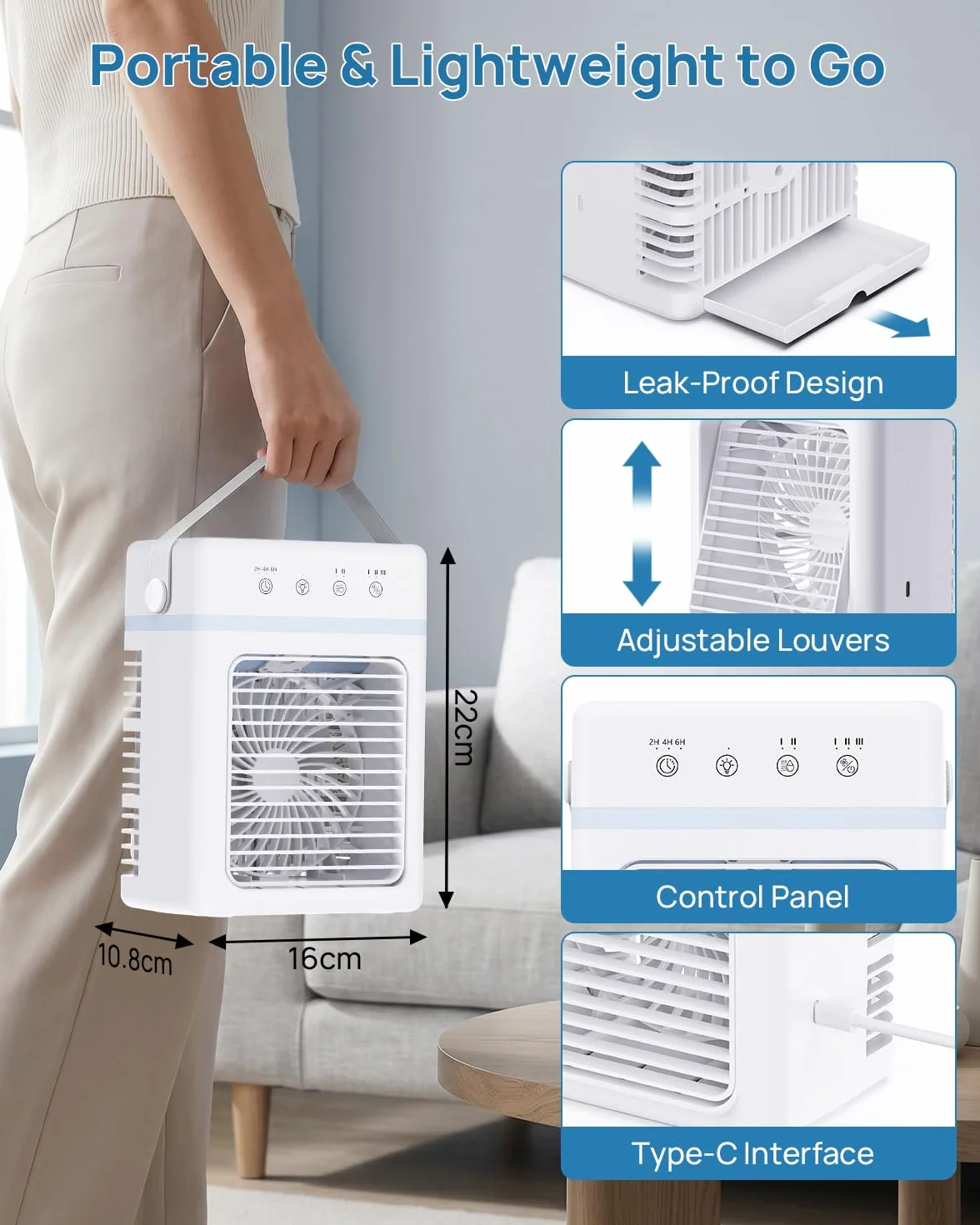 Condizionatore Portatile 900ml Silenzioso, Raffreddatore D'aria 3 Velocità & 3 Modalità, Climatizzatore USB con Nebulizzazione 4μm, Luci LED & Risparmio Energetico, Ideale per Casa, Ufficio, Campeggio