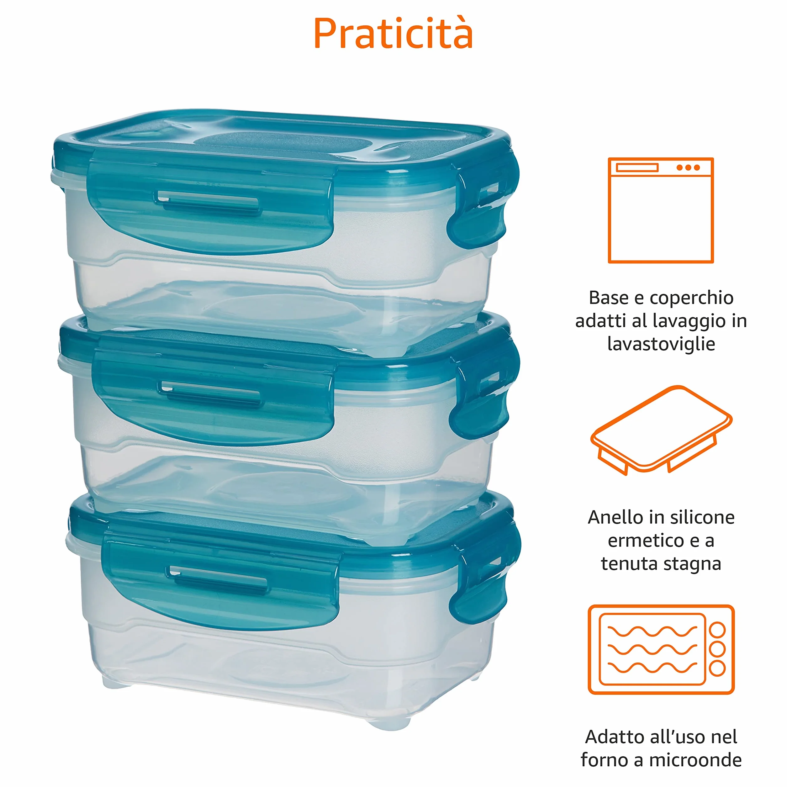 Amazon Basics Set di 3 contenitori ermetici per alimenti da 0.6 litri, senza BPA, plastica, azzurro