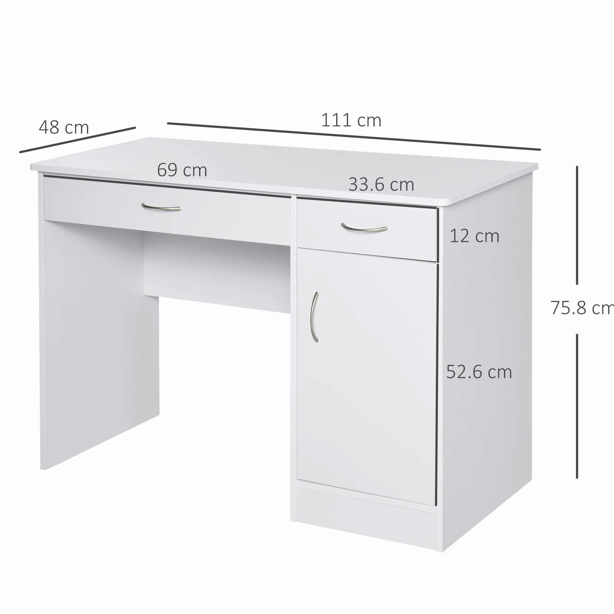 HOMCOM Scrivania Moderna per PC e Computer con 2 Cassetti e 1 Armadietto, Scrivania con Libreria Salvaspazio per Ufficio o Camera in Legno, Bianco