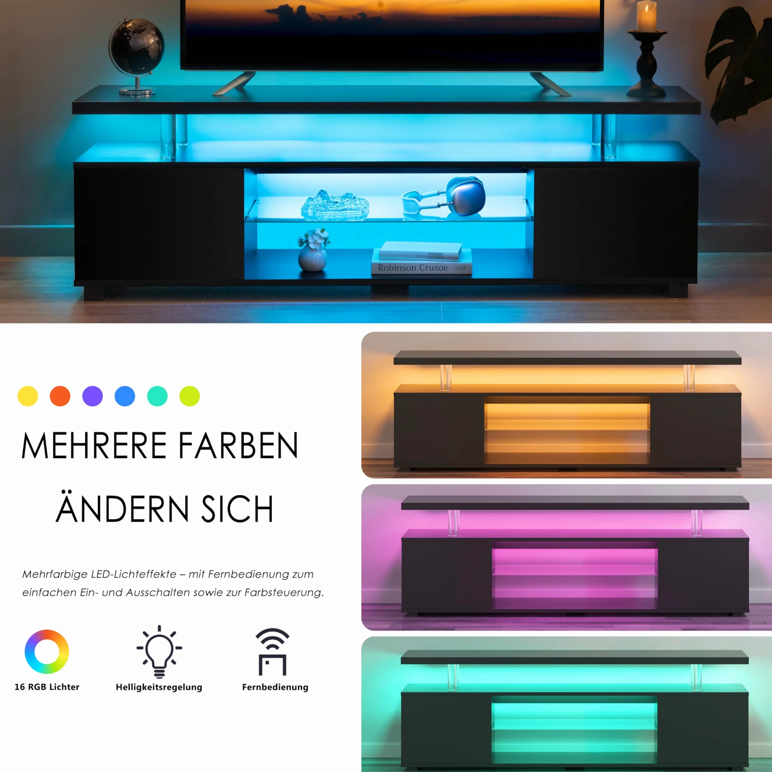 Cubehom LED TV-Schrank 130 cm, Moderno mobile porta TV con illuminazione a LED e spazio di archiviazione, tavolo TV per soggiorno, per televisori fino a 60 pollici, Nero