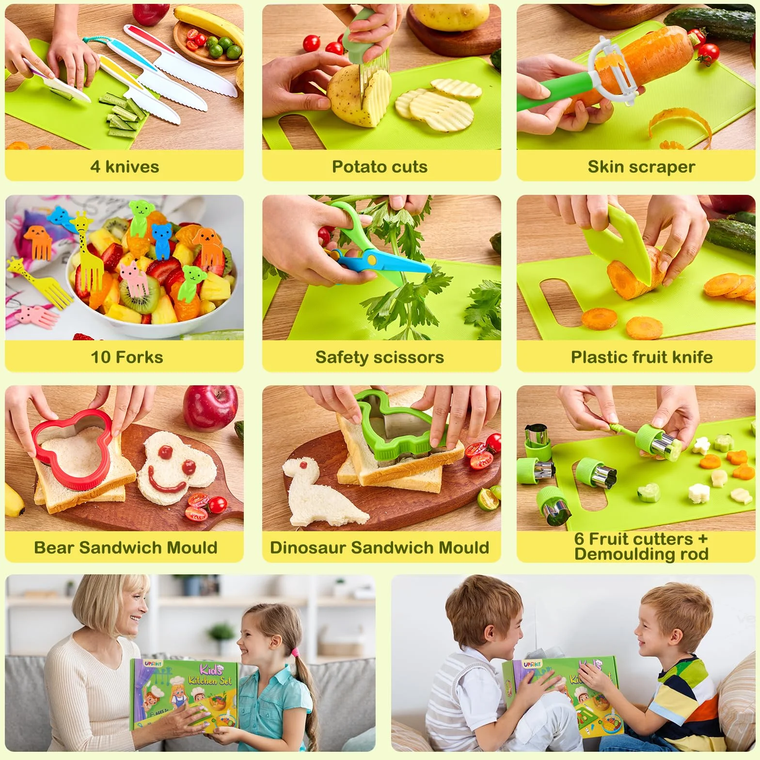 Set di coltelli per bambini, set di coltelli di sicurezza da cucina per bambini da 28 pezzi, set di coltelli per bambini con coltello per pomodori, taglierino, coltello di plastica, pelapatate