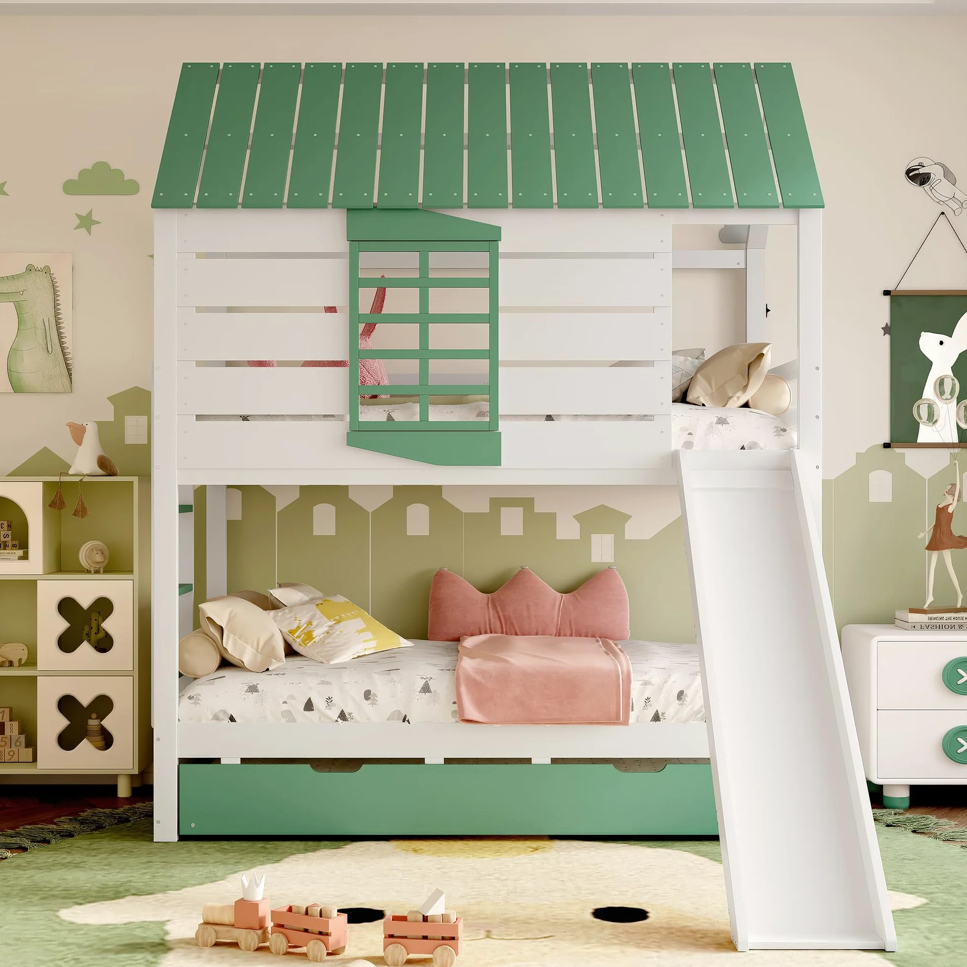 Moimhear Lettino a soppalco, con tetto di casa, con finestre, culla in legno, letto a castello con scivolo, pino+MDF, bianco+verde (90 x 200 x 2 + 90 x 190 cm, con letto estraibile)
