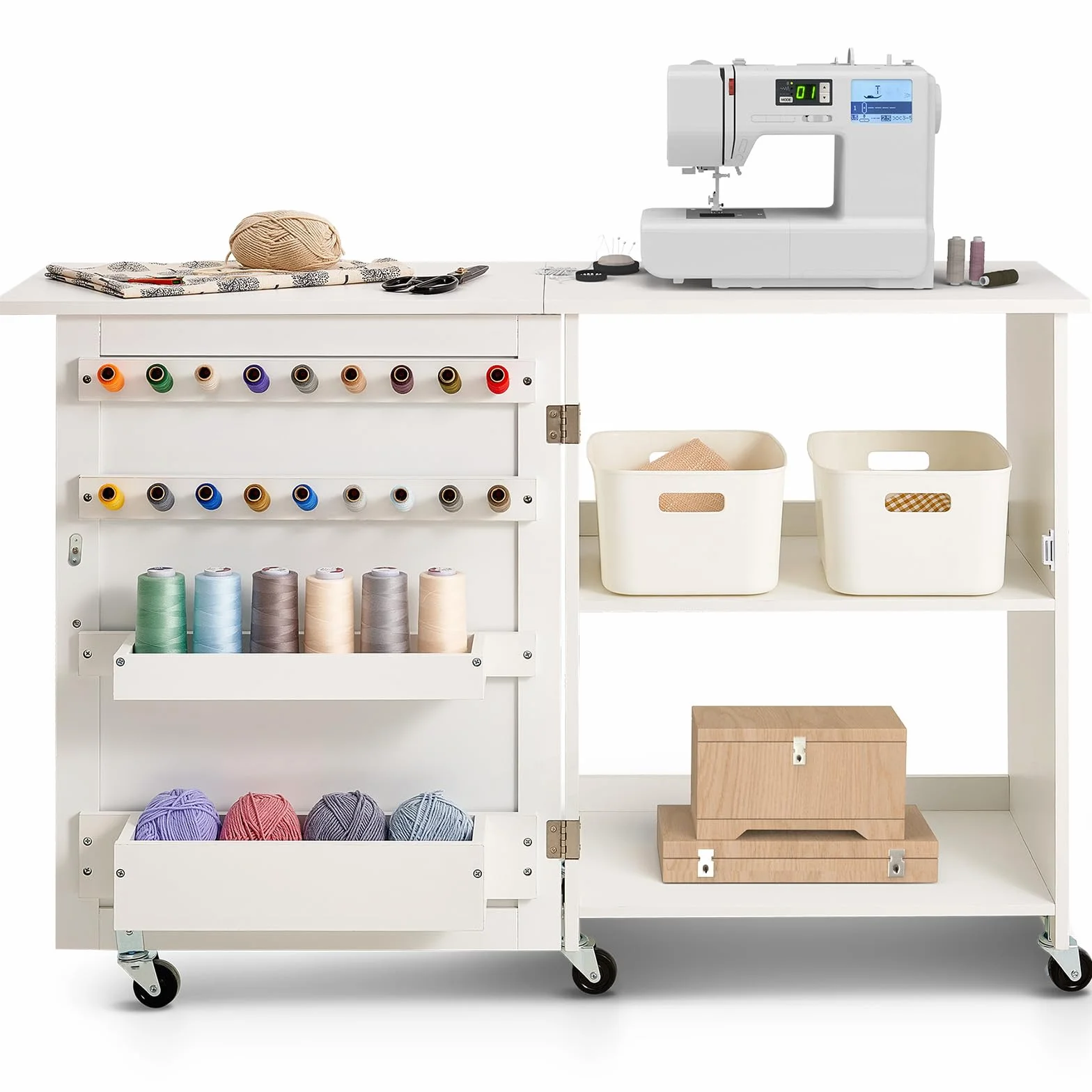 VEVOR Tavolo da Cucito Pieghevole, Tavolo Multiuso per Macchina da Cucire Compatto a Rotelle, Mobiletto da Cucito Ripiani Portaoggetti, Pioli in Legno Ante Magnetiche, Carico max. 40 kg, Bianco