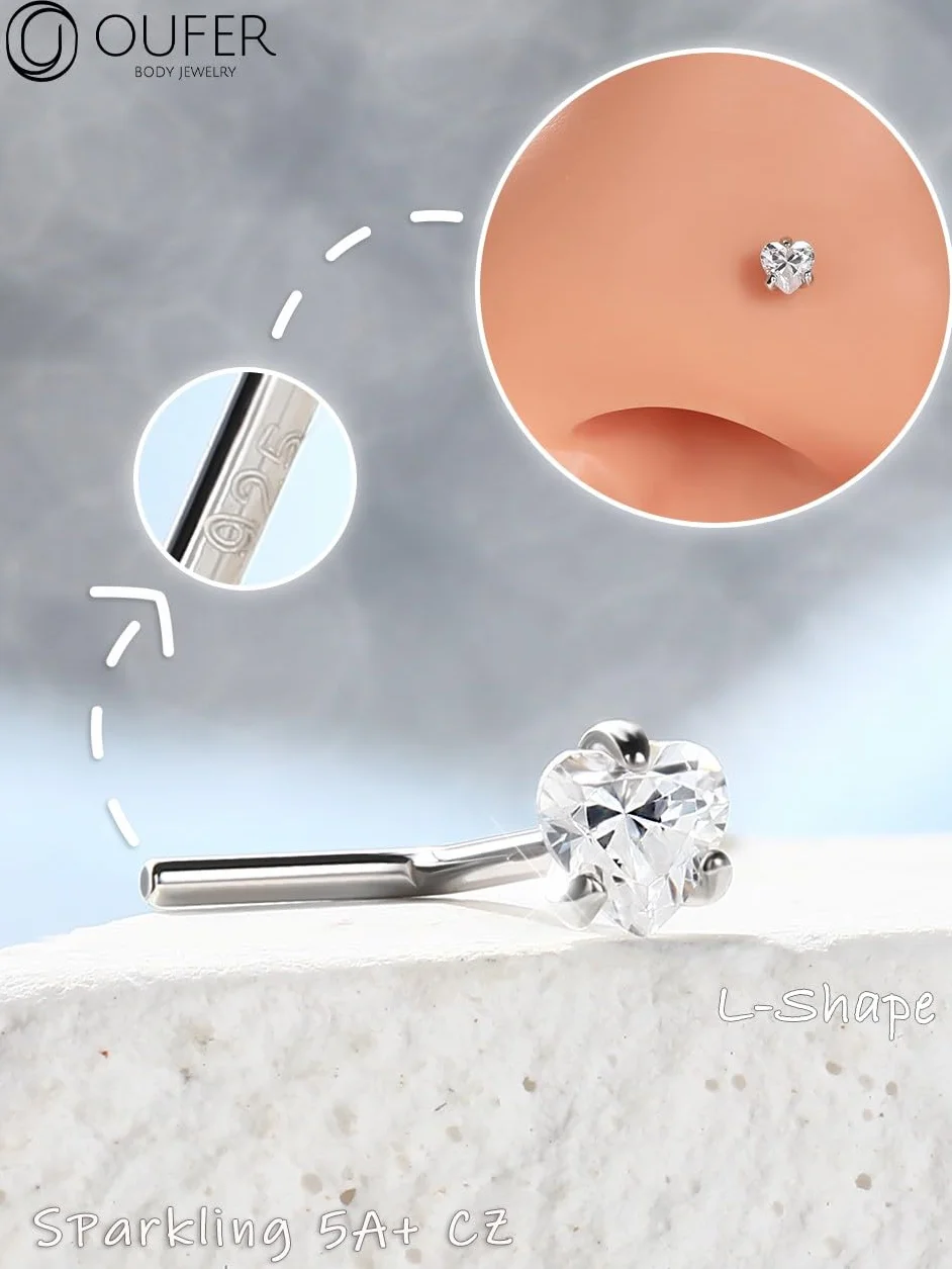 OUFER 925 Sterling Silver Nose Stud Screw 20G Nostril Solid 3 mm Heart Star CZ Body Piercings Jewellery