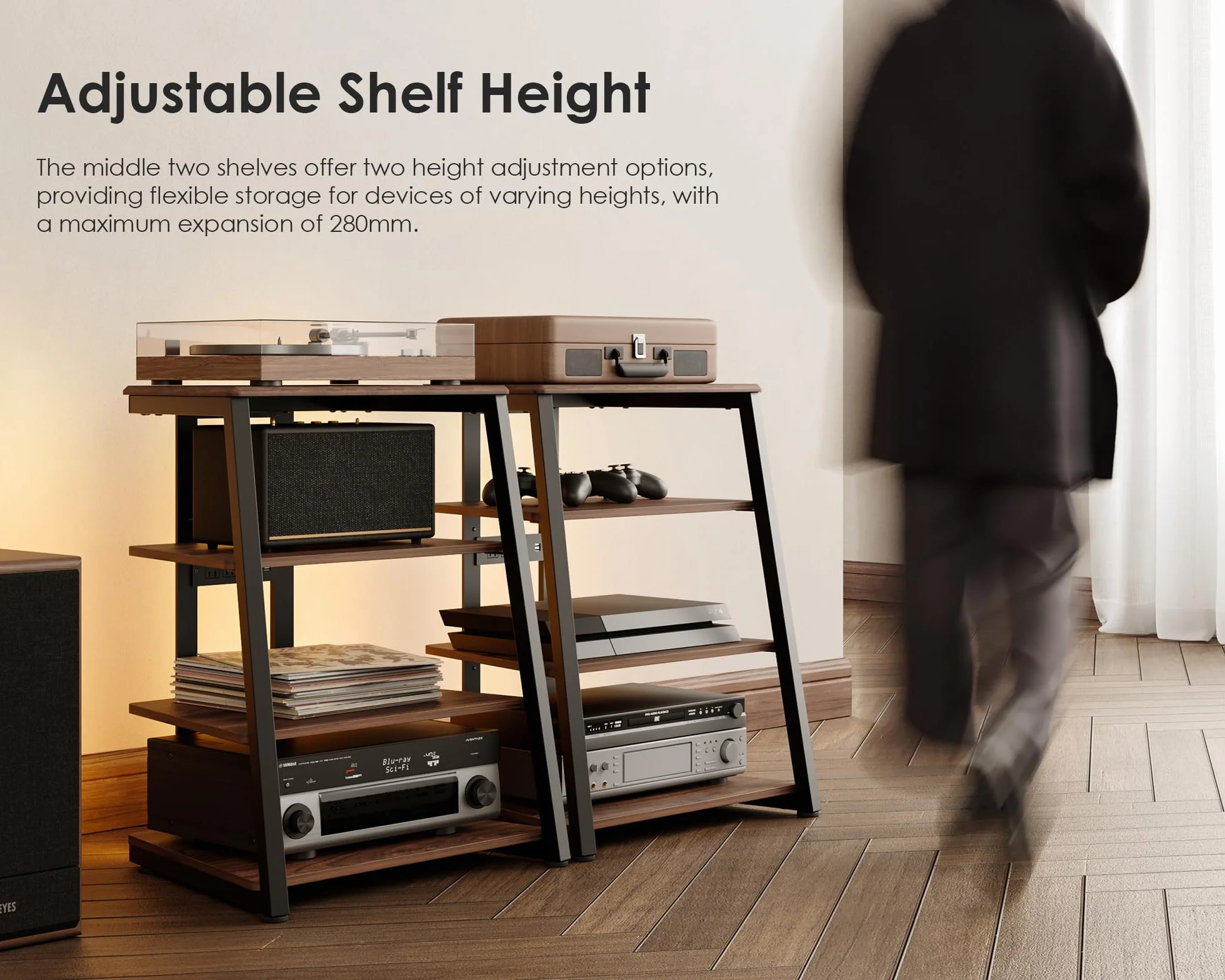 FITUEYES Mobile HIFI con Luci LED e Prese 4-Level Mobile Giradischi Capacità di Carico 50 kg Serie Eiffel