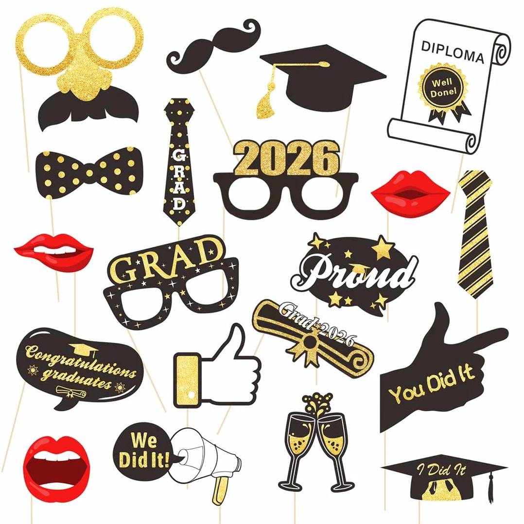 Foto Props Laurea 2026 | 20 Pezzi Gadget Divertenti Nero Oro per Photo Booth. Decorazioni per Festa di Graduazione, Accessori in Carta per Foto Indimenticabili Abi & Bachelor.