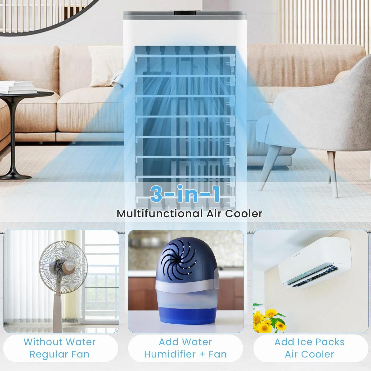 SOARS Ventilatore Condizionatore, 3 in 1 Ventilatore & Umidificatore & Raffrescatore, 3 Velocità, 2 Serbatoi d'Acqua, Timer 12H, Telecomando, per Salone, Camera da Letto, Ufficio (Grigio)