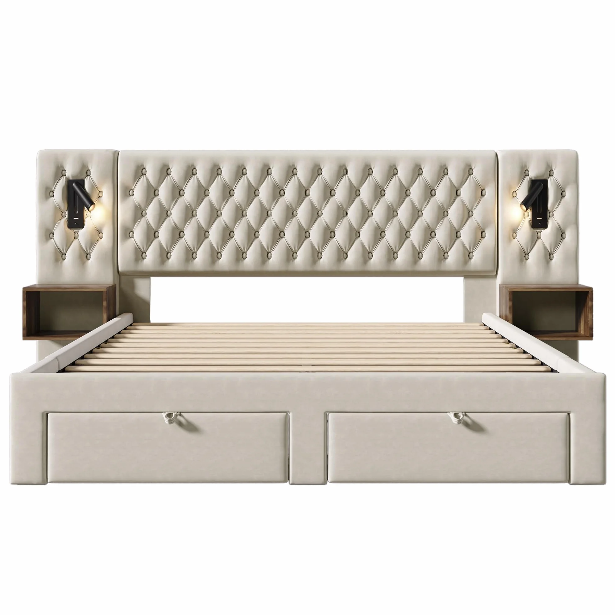 Idemon Set completo per camera da letto, letto matrimoniale, 160 x 200 cm, con 2 comodini e 4 cassetti, testiera con funzione di ricarica USB, 243 x 211 x 106 cm, velluto (senza materasso) (beige)