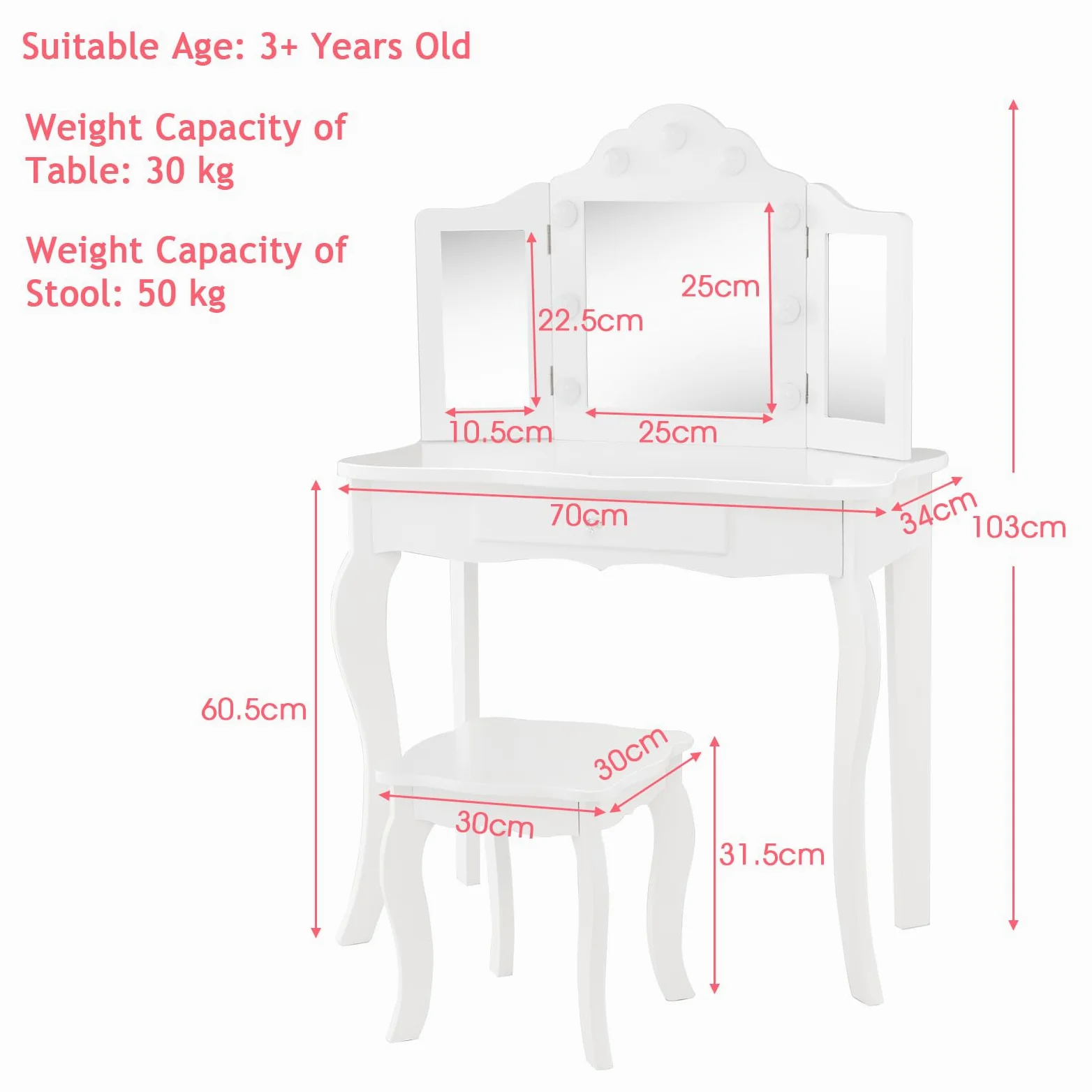 LIFEZEAL toeletta 2 in 1 per bambini con sgabello e cassetto, tavolo da trucco BIMBI con triplo specchio e 9 luci a LED in 3 modalità, antiribaltamento per Ragazzi dai 3 anni in su (Bianco)