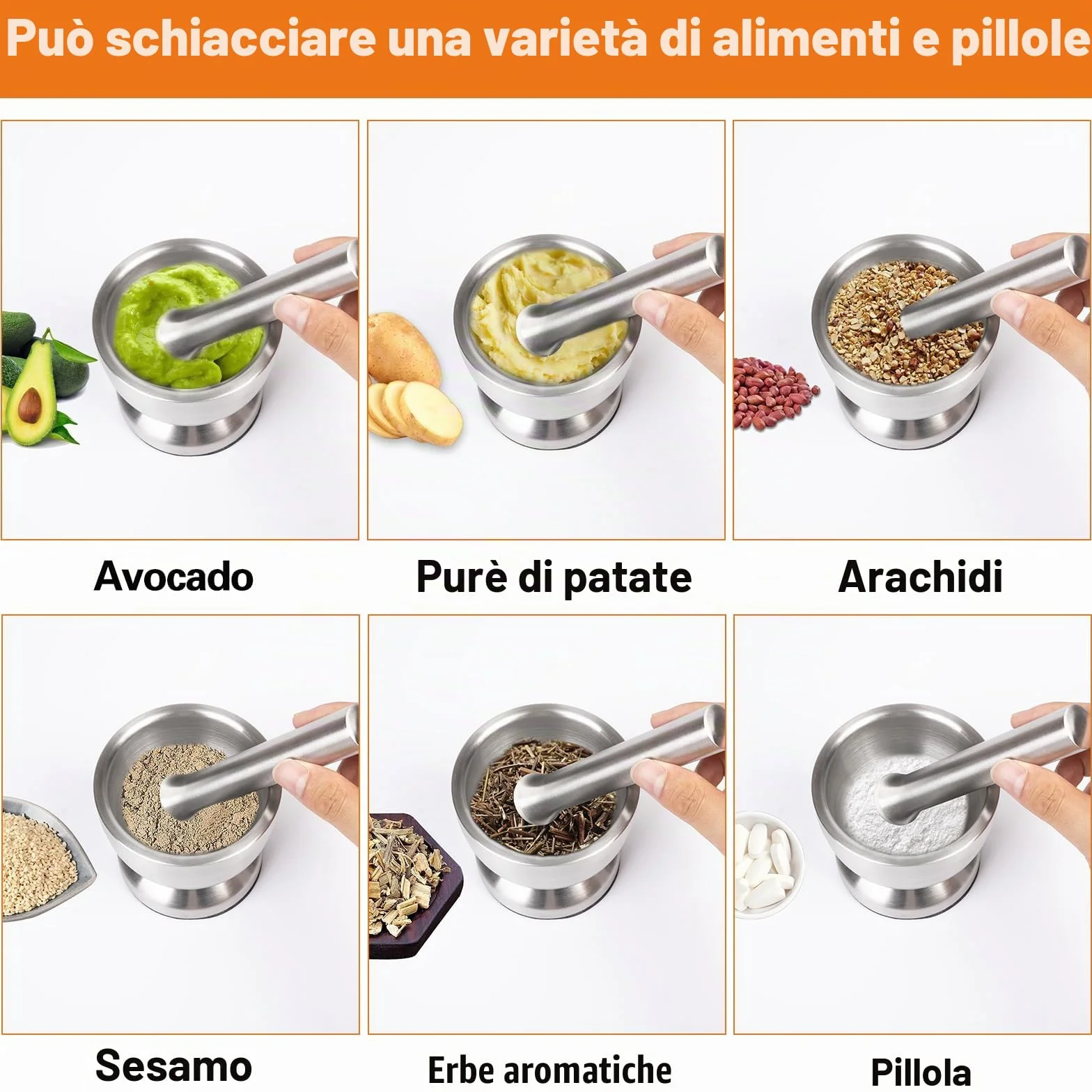 Mortaio con pestello in acciaio inox 250ml per aglio erbe spezie da cucina