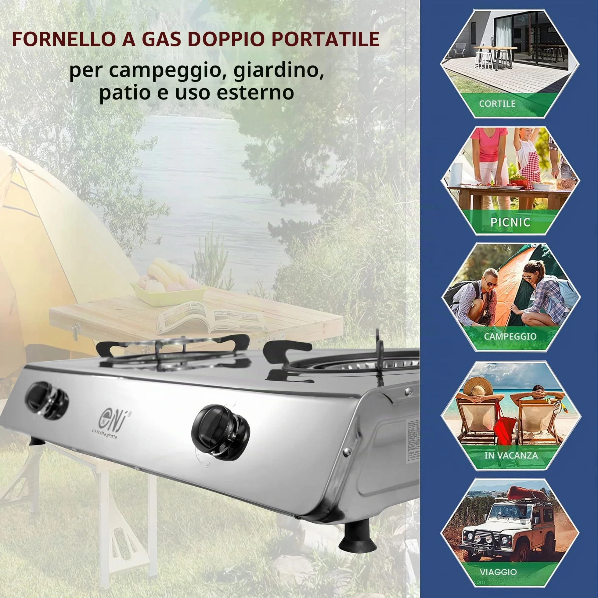 Fornello a gas da campeggio NJ-200 2 fuochi in acciaio inossidabile 8.8 kW