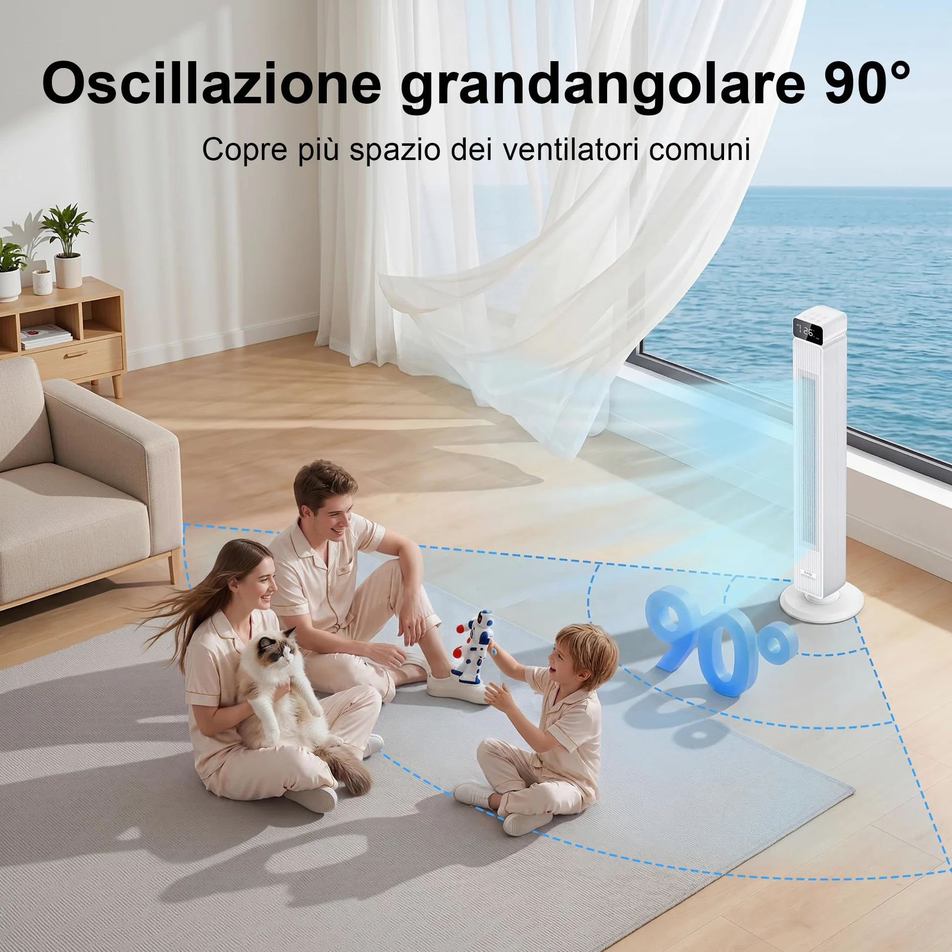 Ventilatore a Torre Silenzioso con Telecomando, 7.3 m/s Flusso Potente & Modalità Notturna 30 dB, Oscillazione 90°, 6 Livelli, Timer 12H, Ventilatore a Colonna per Camera da Letto e Ufficio
