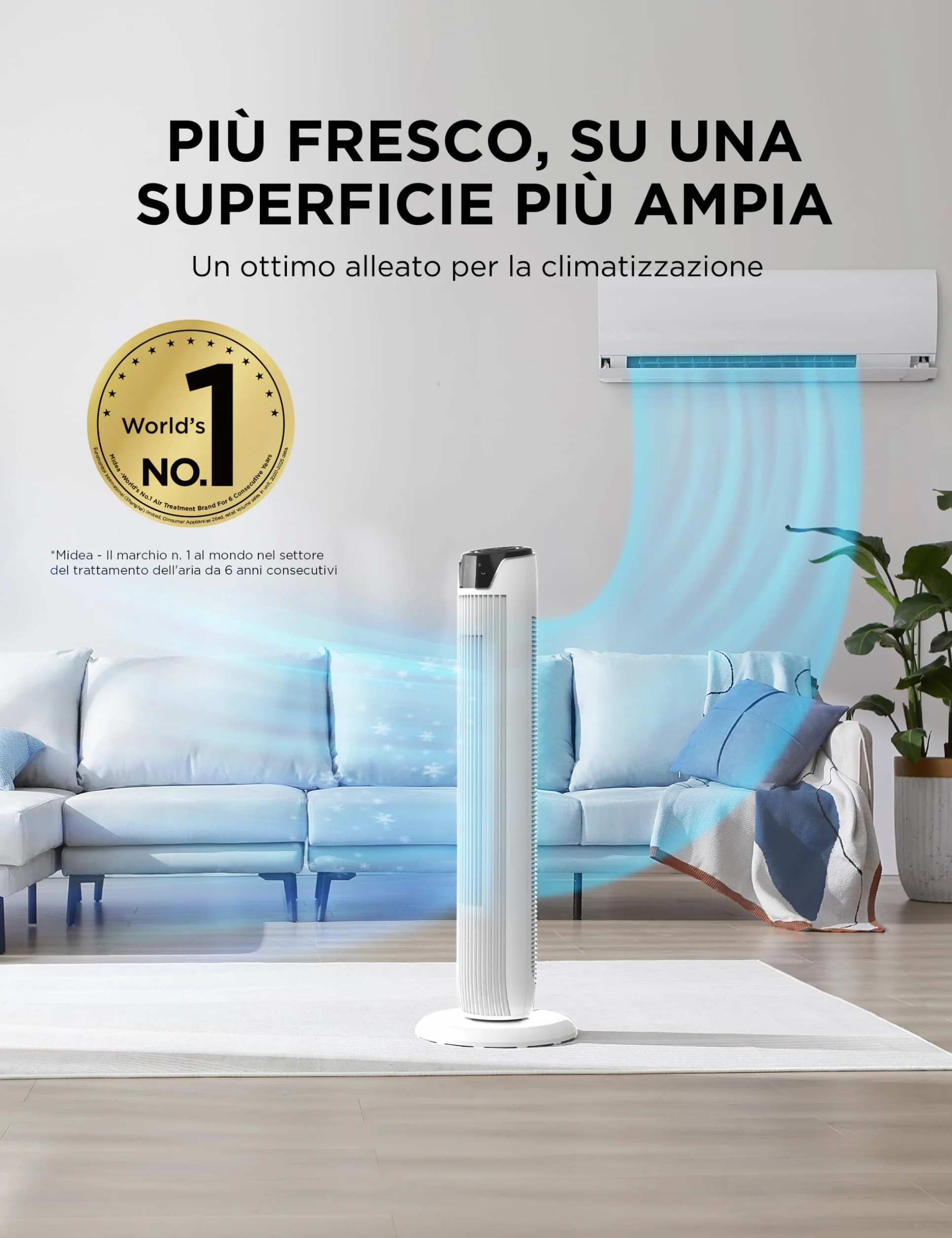 Midea Ventilatore Torre con Telecomando FZ10-17JRSE(WH) Flusso d’Aria 7 m/s, Oscillazione 90°, 3 Velocità e 3 Modalità, Timer 7h, Motore 45W, Silenzioso
