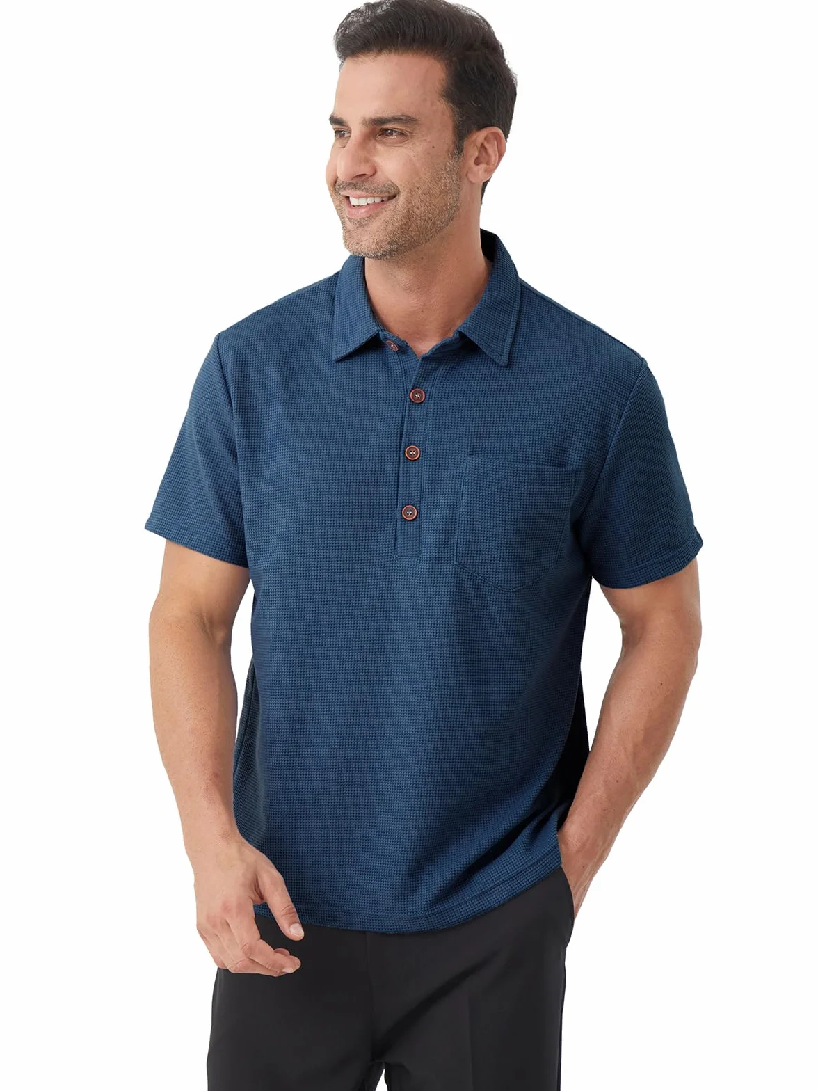 Polo da Uomo Manica Corta Tennis Golf Waffle a Maglia T-Shirt Ricami Poloshirt Camicia Cotone Piquet con Colletto e Bottoni Evolution