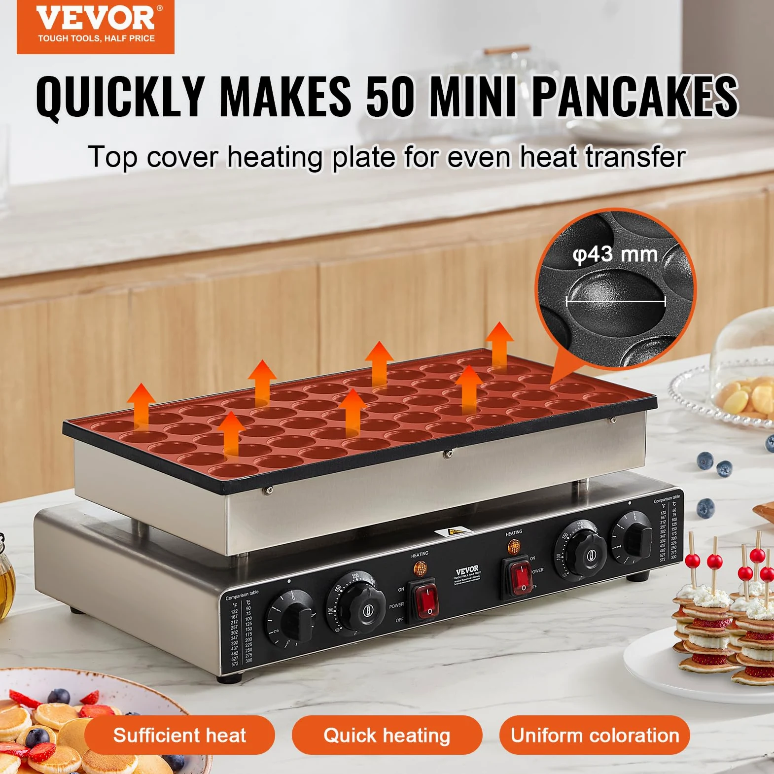 VEVOR Macchina per mini pancake olandese da cucina uso commerciale, 50 Pezzi, Diametro 43 mm, Macchina per mini dorayaki, 1700 W, Controllo di Temperatura Tempo, per Cucina commerciale feste evento