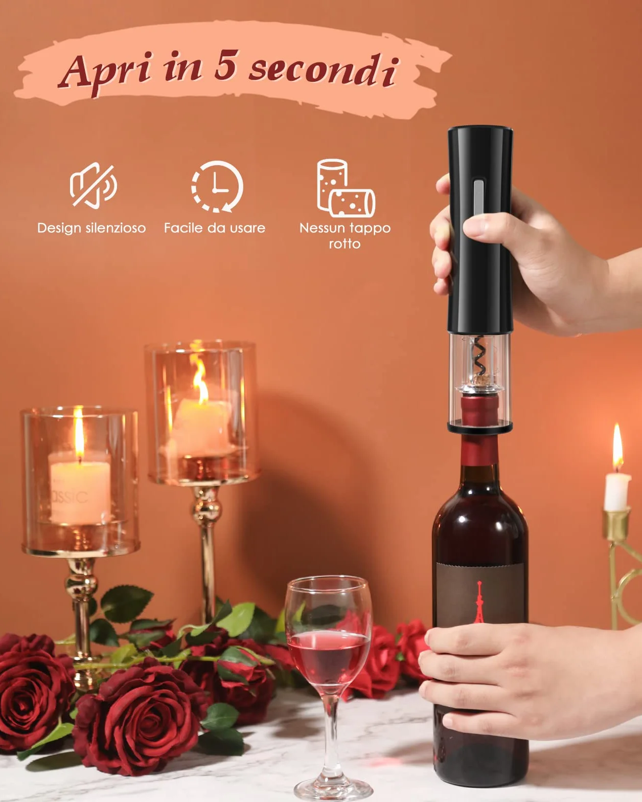 Rovtop Cavatappi Elettrico per Vino, 5 in 1 Set Apri Bottiglia con Stappa Bottiglie Elettrico Automatico