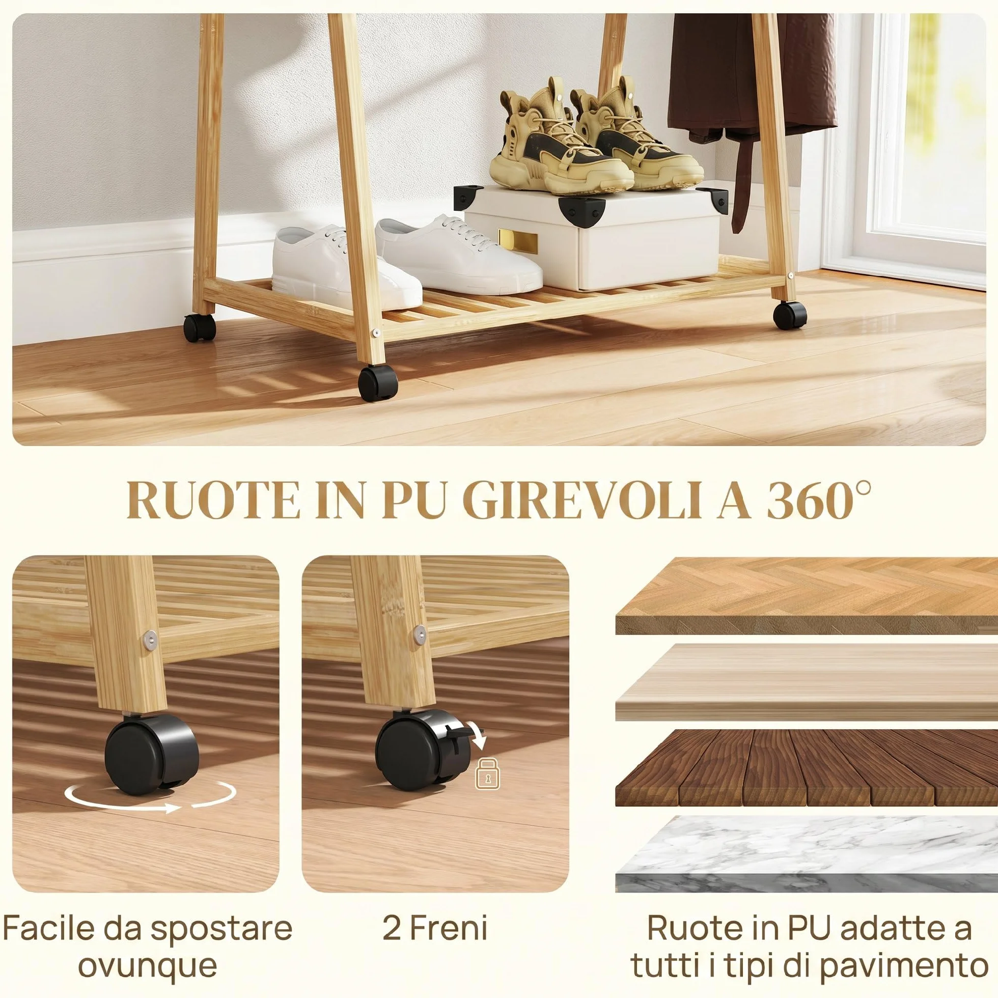 HOMCOM Appendiabiti da Terra in Bambù con Ruote, 2 Ripiani, 2 Ganci, 84.5x43.5x158 cm, Color Legno
