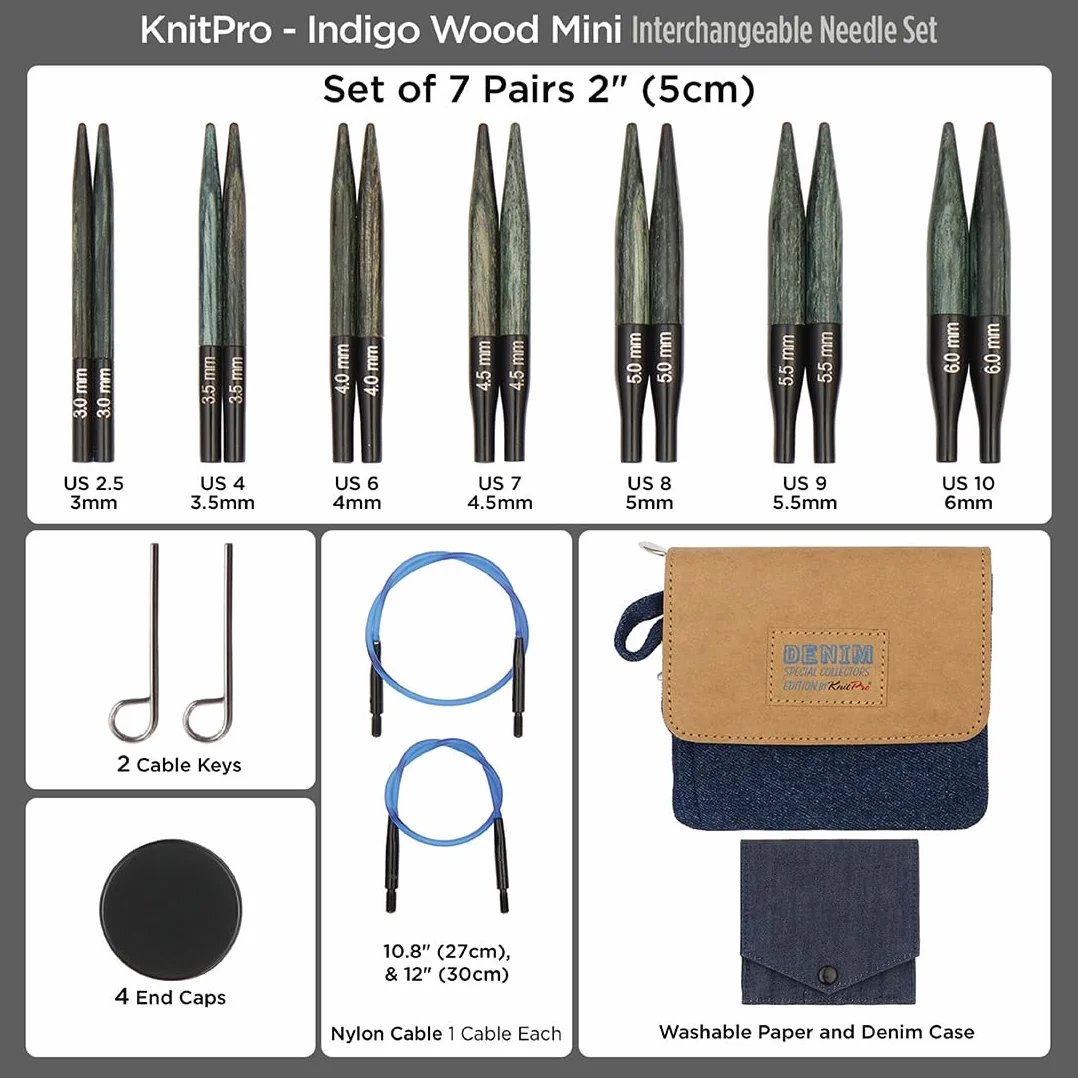 KnitPro Set di Ferri circolari intercambiabili Indigo Wood Short, 3,00 mm - 6,00 mm