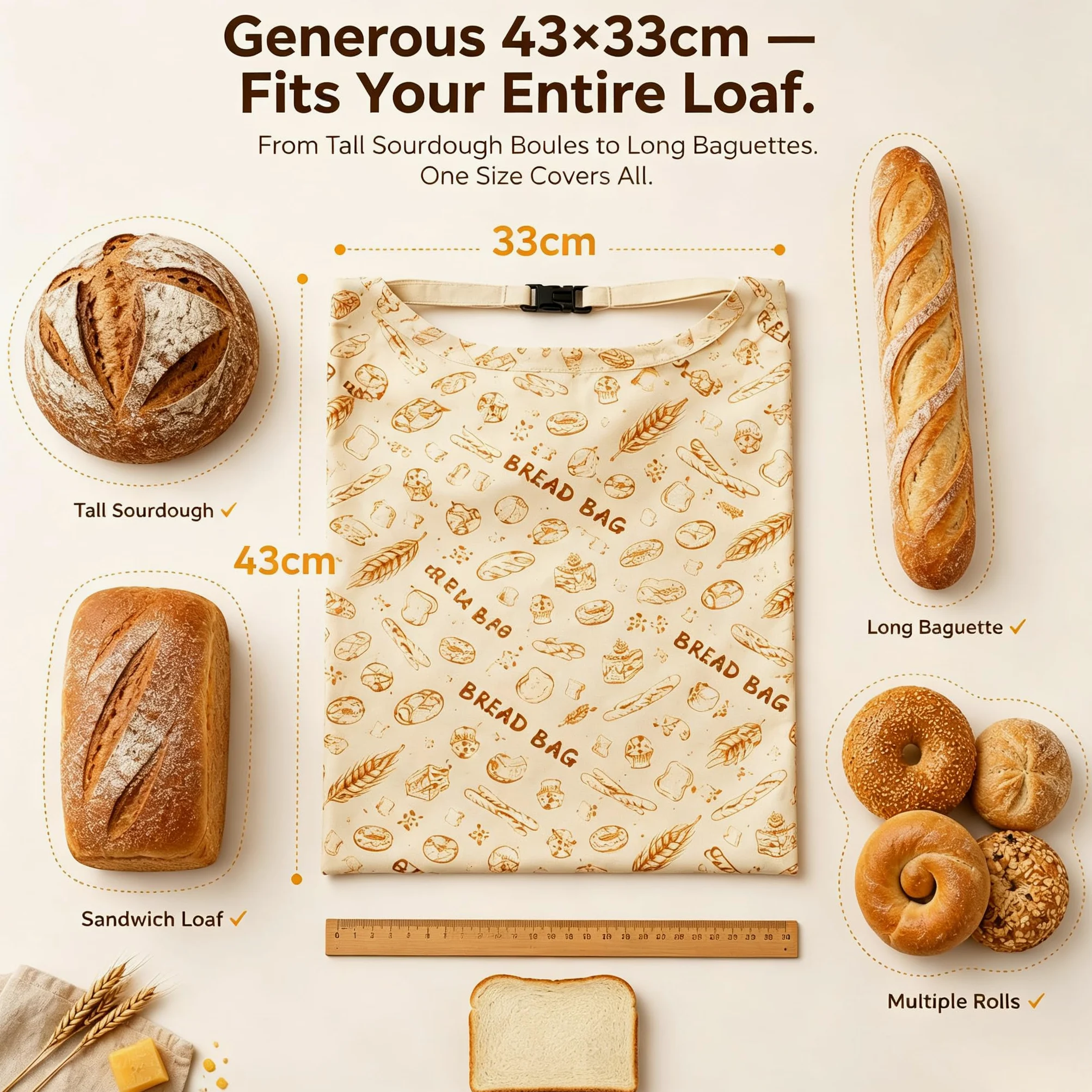 Sacchetti per pane in cera d'api riutilizzabili in cotone biologico per pane fatto in casa, 43 x 33 cm, in cera d'api naturale, ecologici, di grandi dimensioni, con cerniera, per pasta madre