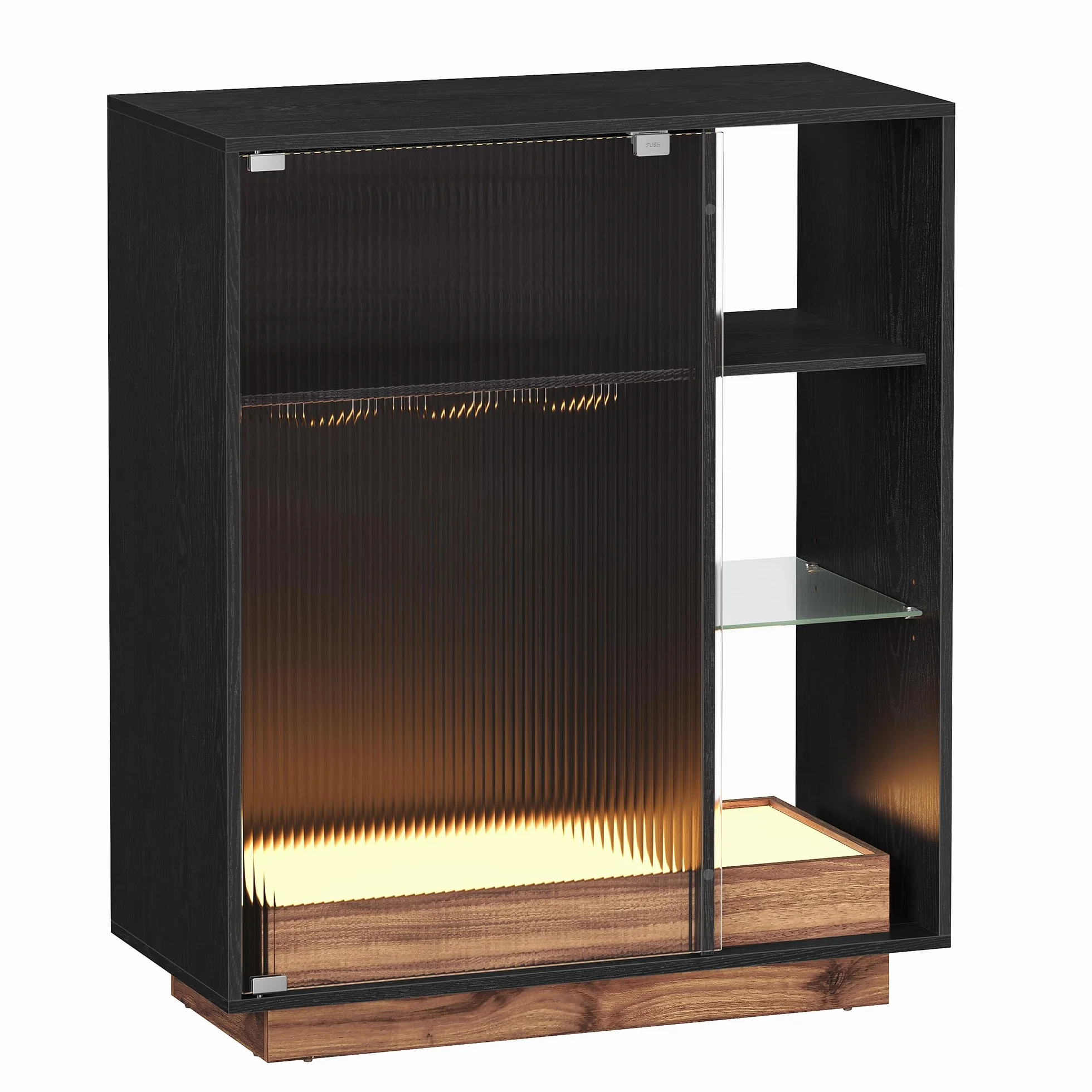 VASAGLE Mobiletto Bar con Illuminazione, Credenza con Luce LED e Spazio per Vino, Angolo Bar per Liquore, con Porta Calici, Anta in Vetro Scanalato, per Salotto, Nero Ebano BBK361B21