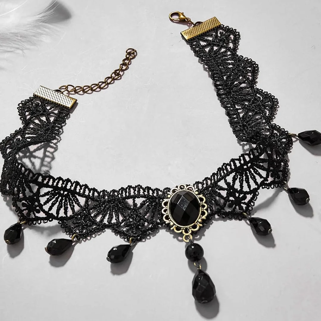 Collana Girocollo Gotica in Pizzo Set da 2 Pezzi Nero con Strass Ciondolo a Goccia