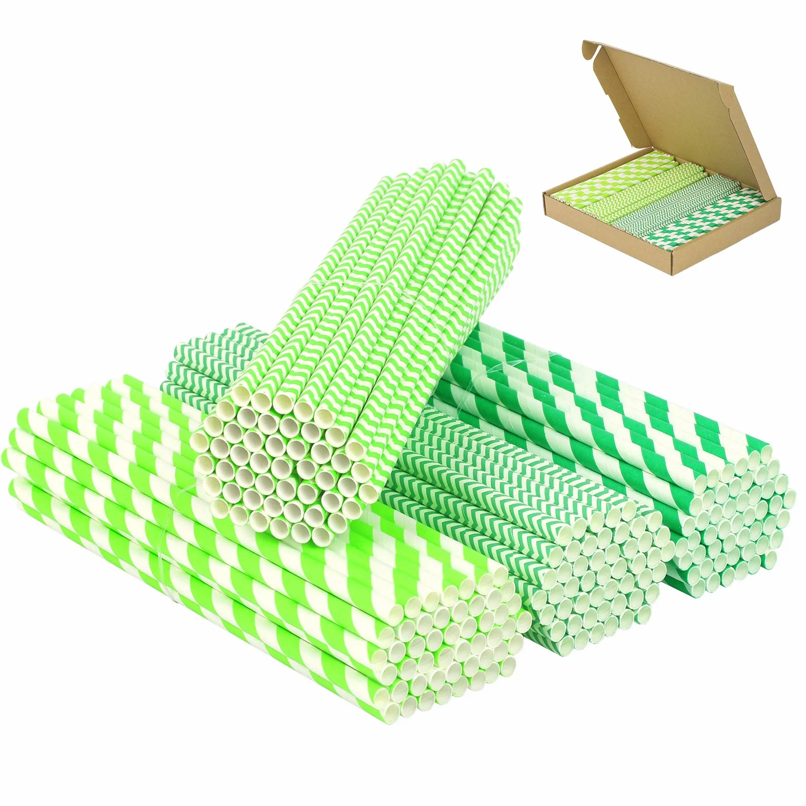 200 cannucce di carta verdi a righe, cannucce per feste, per feste a tema dinosauro, decorazione per bambini, compleanni, succhi di frutta (verde, 4 stili)