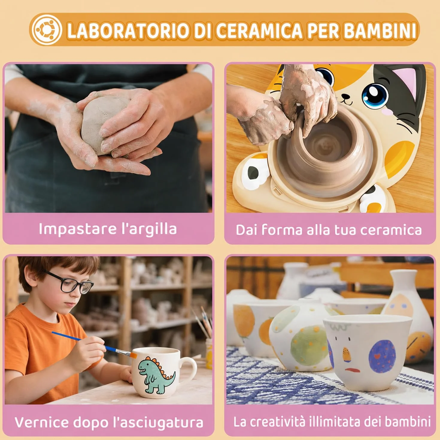 Tornio per Ceramica per Bambini Kit Completo Principianti Set Creativo 6+ Anni 3x Argilla Asciugatura all'Aria Fai da Te Regalo Pasqua