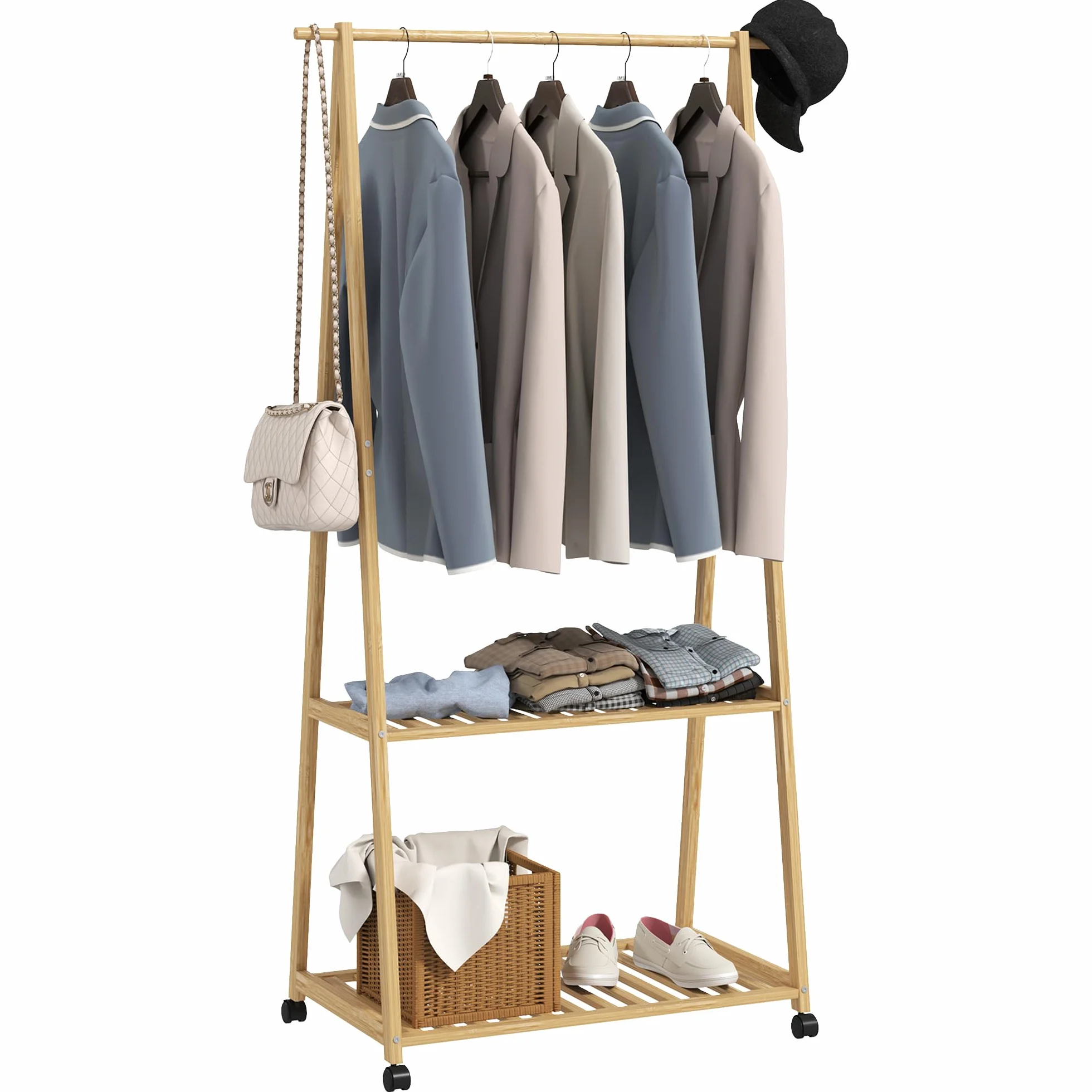 HOMCOM Appendiabiti da Terra in Bambù con Ruote, 2 Ripiani, 2 Ganci, 84.5x43.5x158 cm, Color Legno