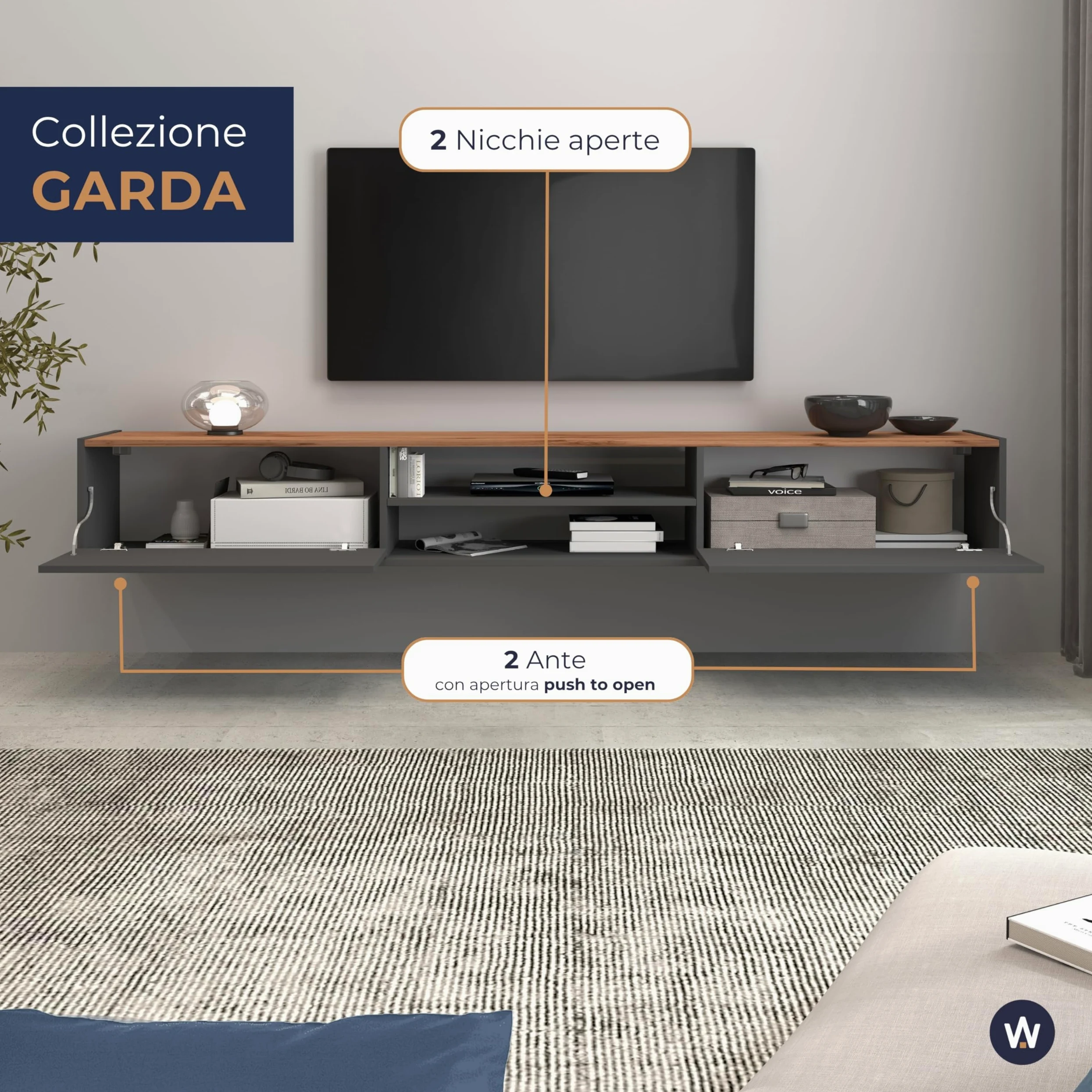 WHOUS Mobile Porta TV Sospeso GARDA per Soggiorno con 2 Ante a Ribalta e 1 Ripiano Centrale, Mobile Tv a Parete per Salotto, 210x35x30 cm, Antracite Opaco e Rovere