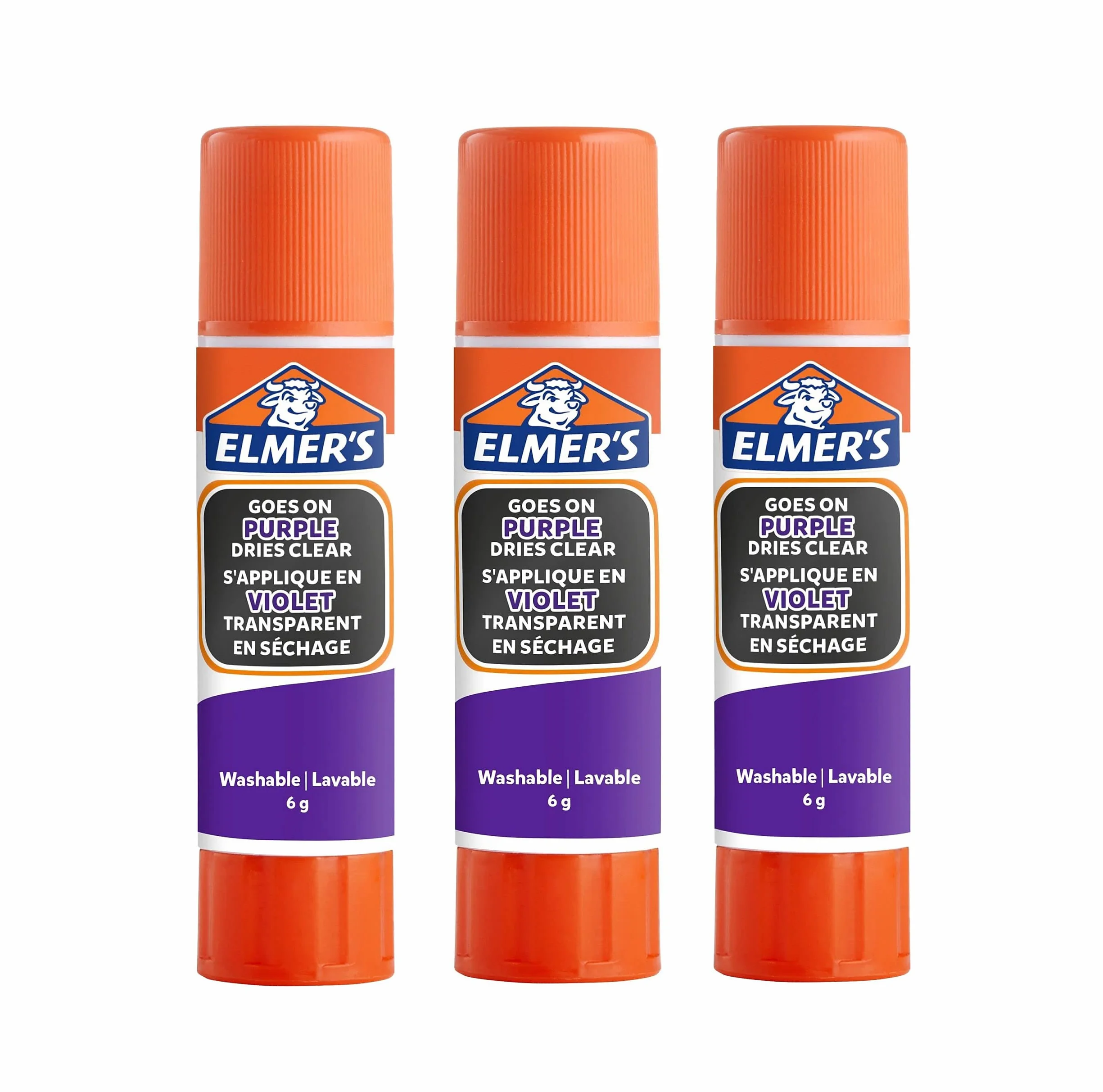 Elmer’s - Stick di colla viola a scomparsa, diventa trasparente quando si asciuga, ideale per scuola e progetti artigianali, lavabile e sicura per i bambini, 6 g, 3 pezzi