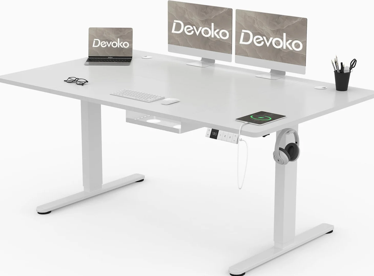 Devoko 160 x 80 cm scrivania regolabile in altezza, Ufficio con quattro sezioni, scrivania per computer con funzione di memoria, Bianco