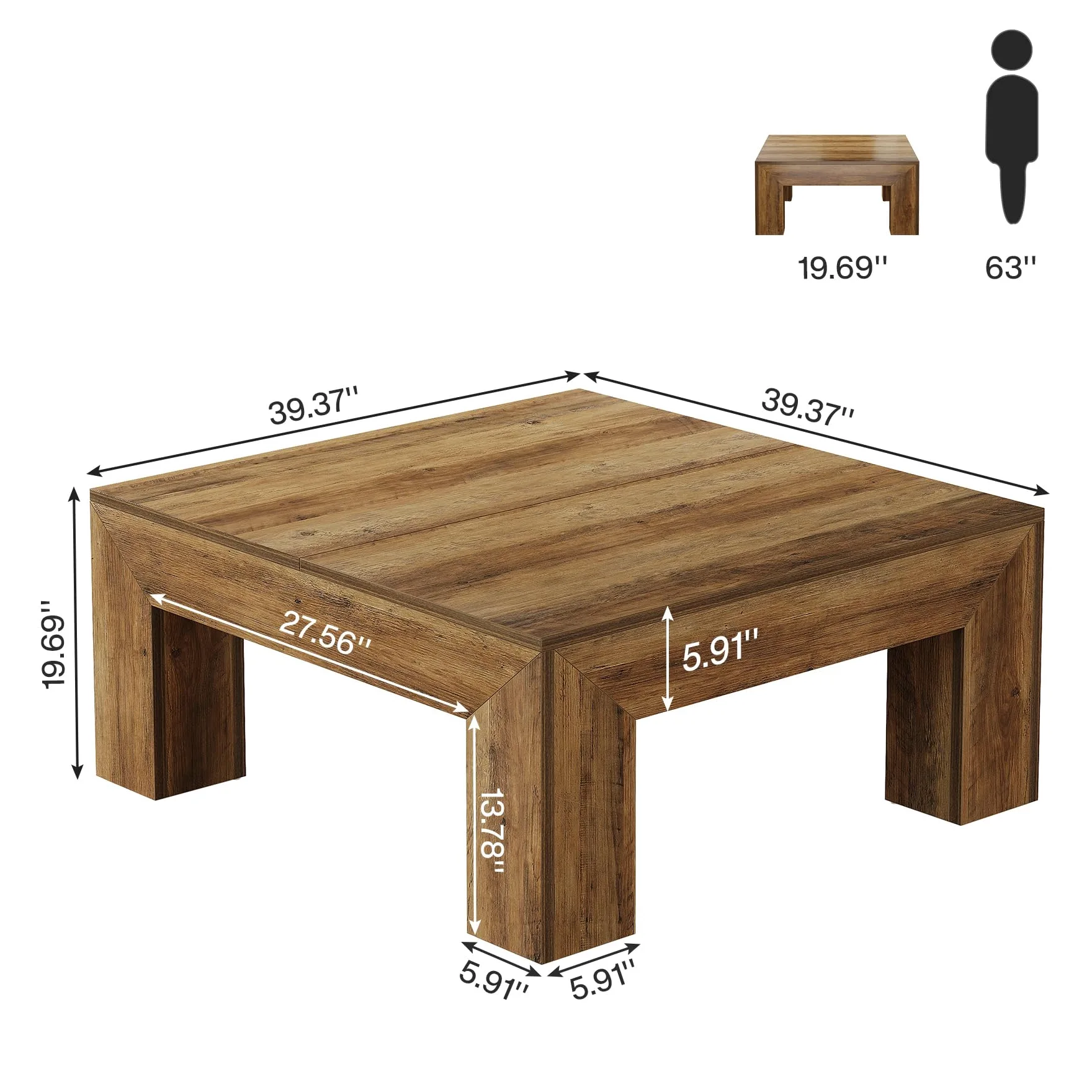 Tribesigns Tavolino da Salotto, Quadrato Tavolino da Caffè, Tavolino con Robusti Piedini in Legno, Tavolo Centrale per Soggiorno per Divano e Camera da Letto, 100 x 100 x 50 cm, Marrone Rustico