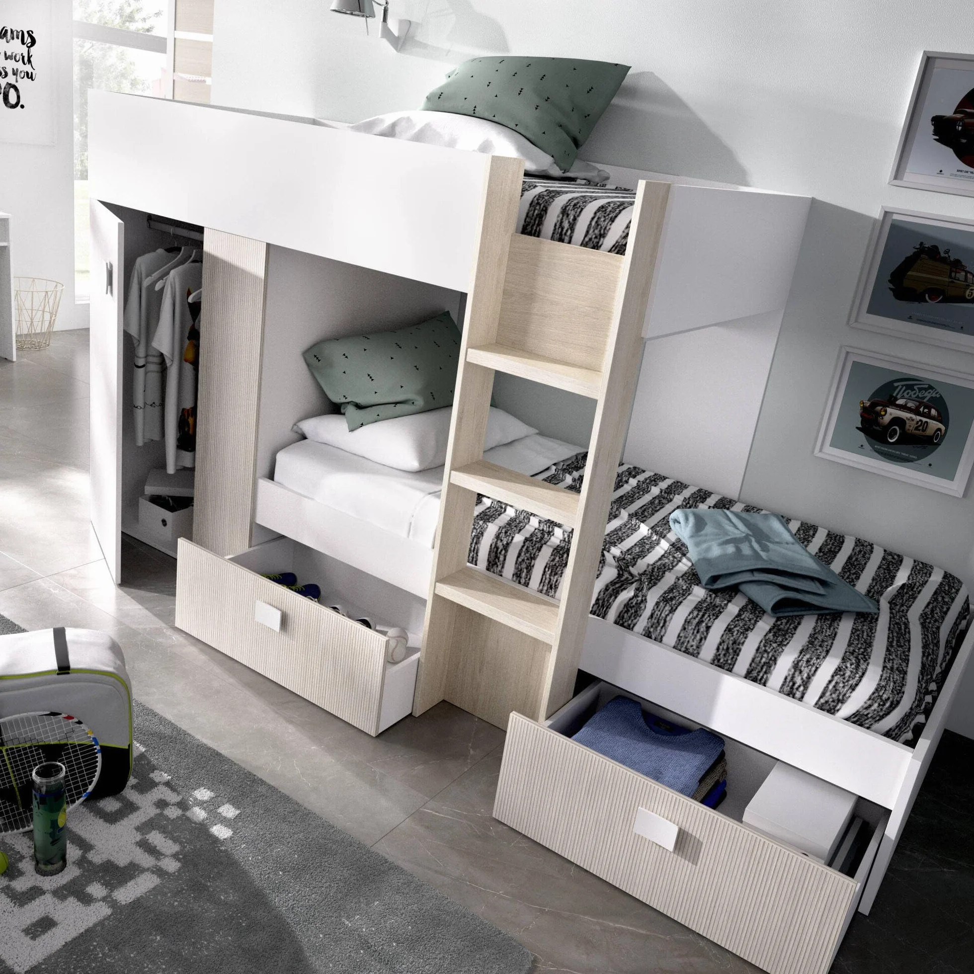 Dmora - Letto per bambini Cevedale, Cameretta completa con armadio e cassetti, Composizione letto a castello con due lettini singoli, 271x111h150 cm, Bianco e Rovere