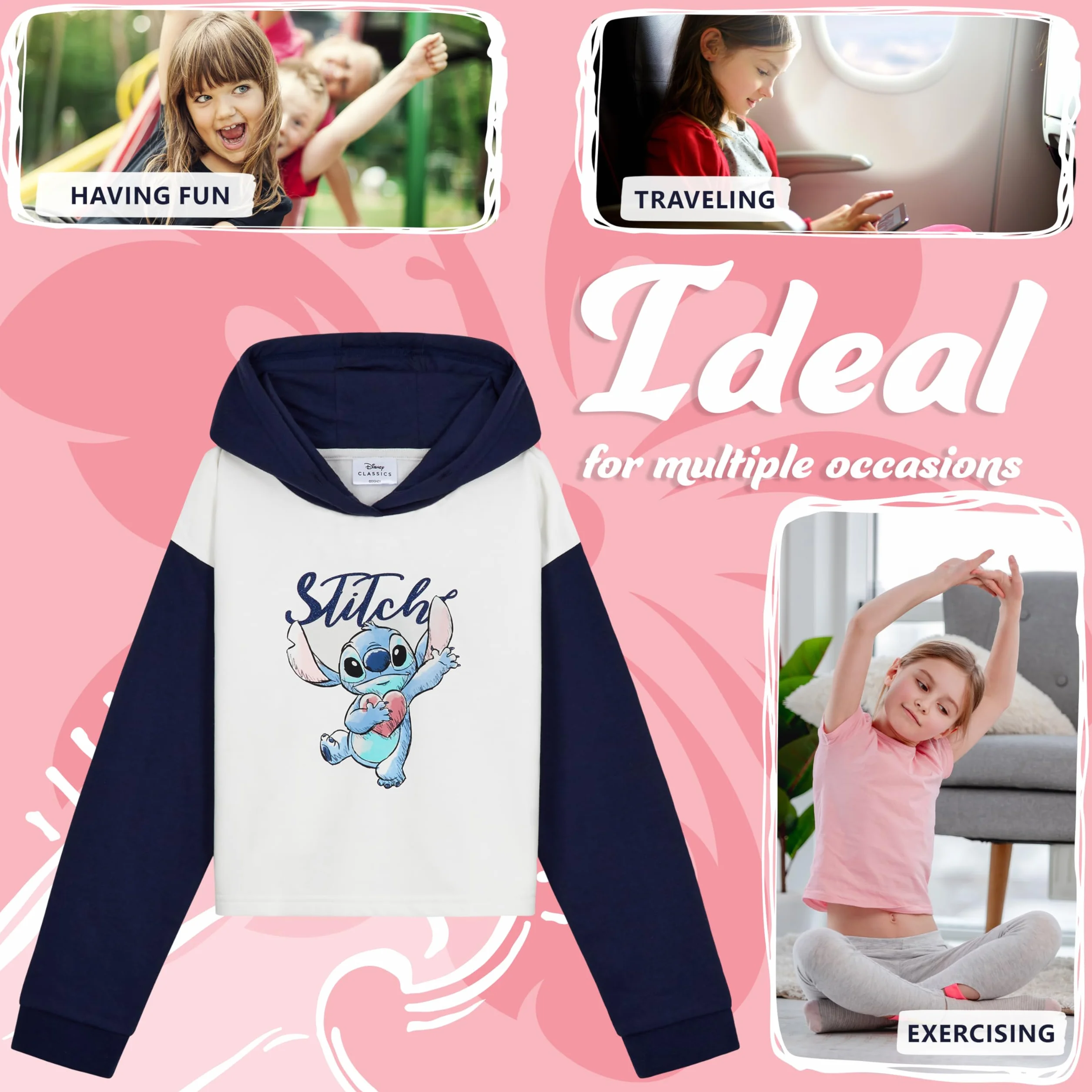 Disney Stitch Felpa Bambina Corta con Cappuccio Cotone Misto 7-14 Anni