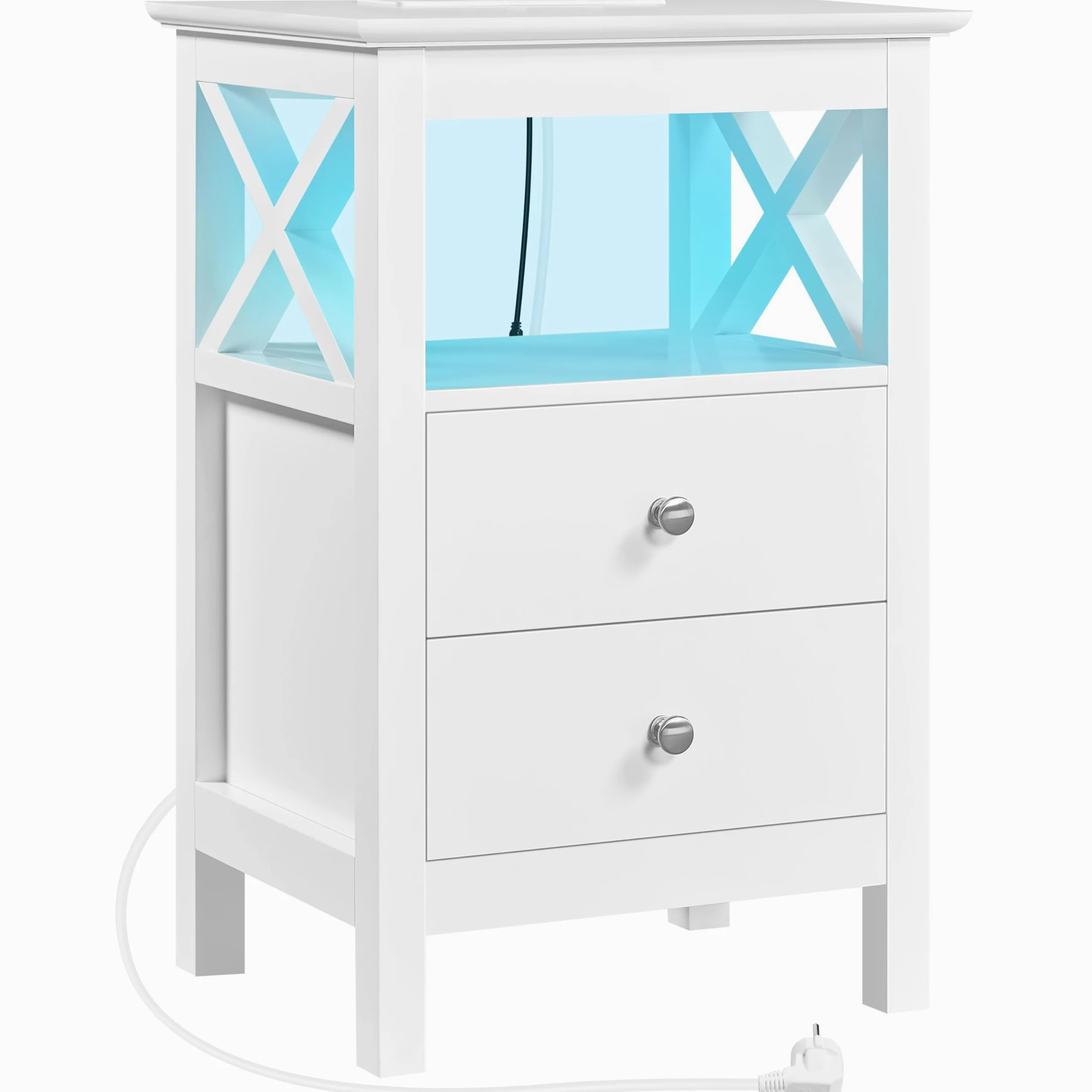 Yaheetech Comodino LED e Stazione Ricarica 2 Cassetti 1 Ripiano Aperto | Stazione di Ricarica Integrata USB e AC, Illuminazione LED Regolabile, Funzione Smart per Camera da Letto Moderna