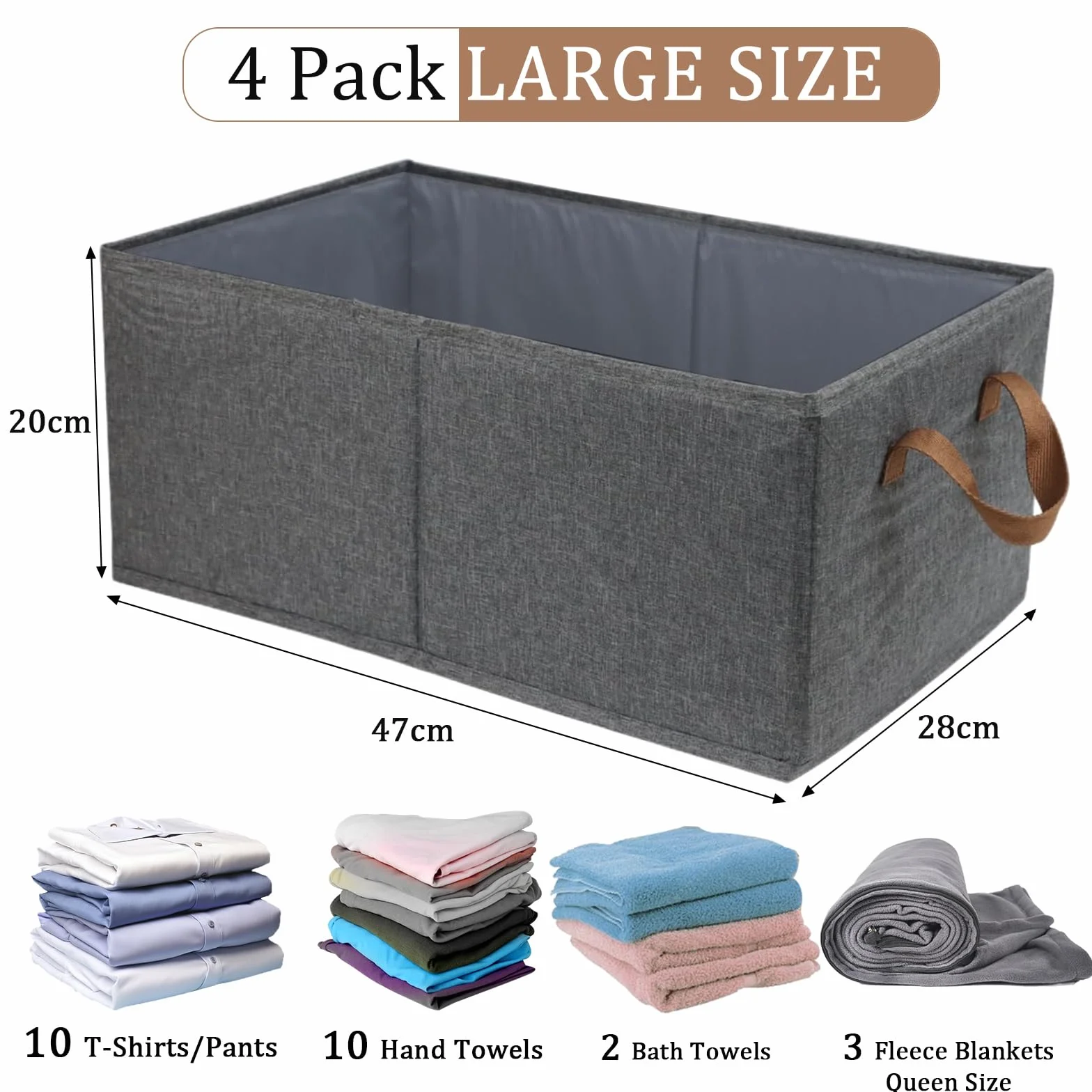 Set di 4 cestini portaoggetti pieghevoli, in tessuto, con manici, per scaffali, giocattoli e vestiti, 47 x 28 x 20 cm