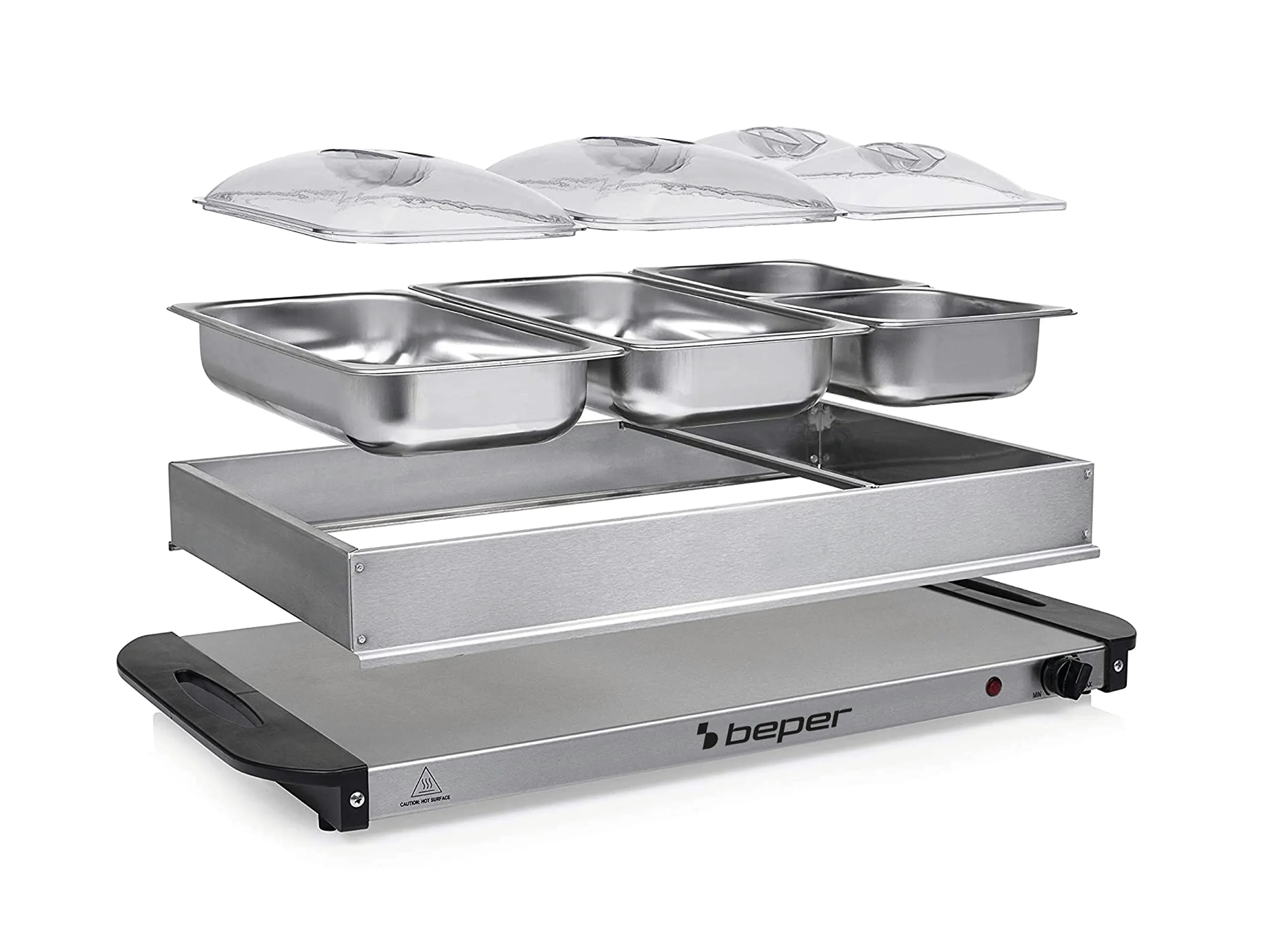 Beper P101TEM001 Scaldavivande per buffet, Acciaio inossidabile, 4 vassoi rimovibili, Termostato per la temperatura, Luce funzionamento, Ideale per buffet