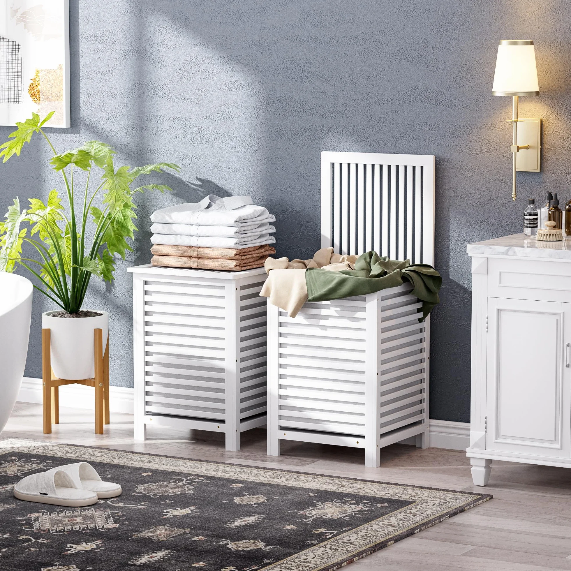 SMIBUY doppio cesto per biancheria con coperchio, cesto per biancheria in bambù da 120 litri con sacchetto di fodera rimovibile per lavanderia, bagno, camera da letto (bianco)