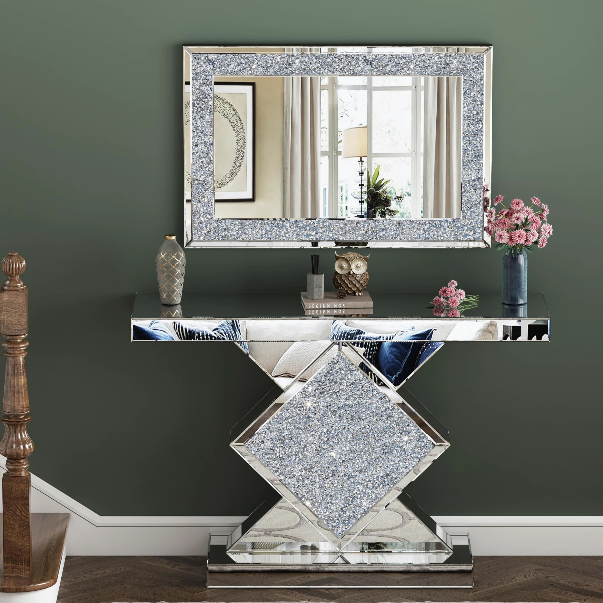 SHYFOY Specchio da Parete Rettangolare | Specchio Decorativo da Parete con Decoro Diamante in Cristallo | Specchio Grande e Lussuoso per Bagno Soggiorno Camera da letto Ingresso | 90 x 60 cm |
