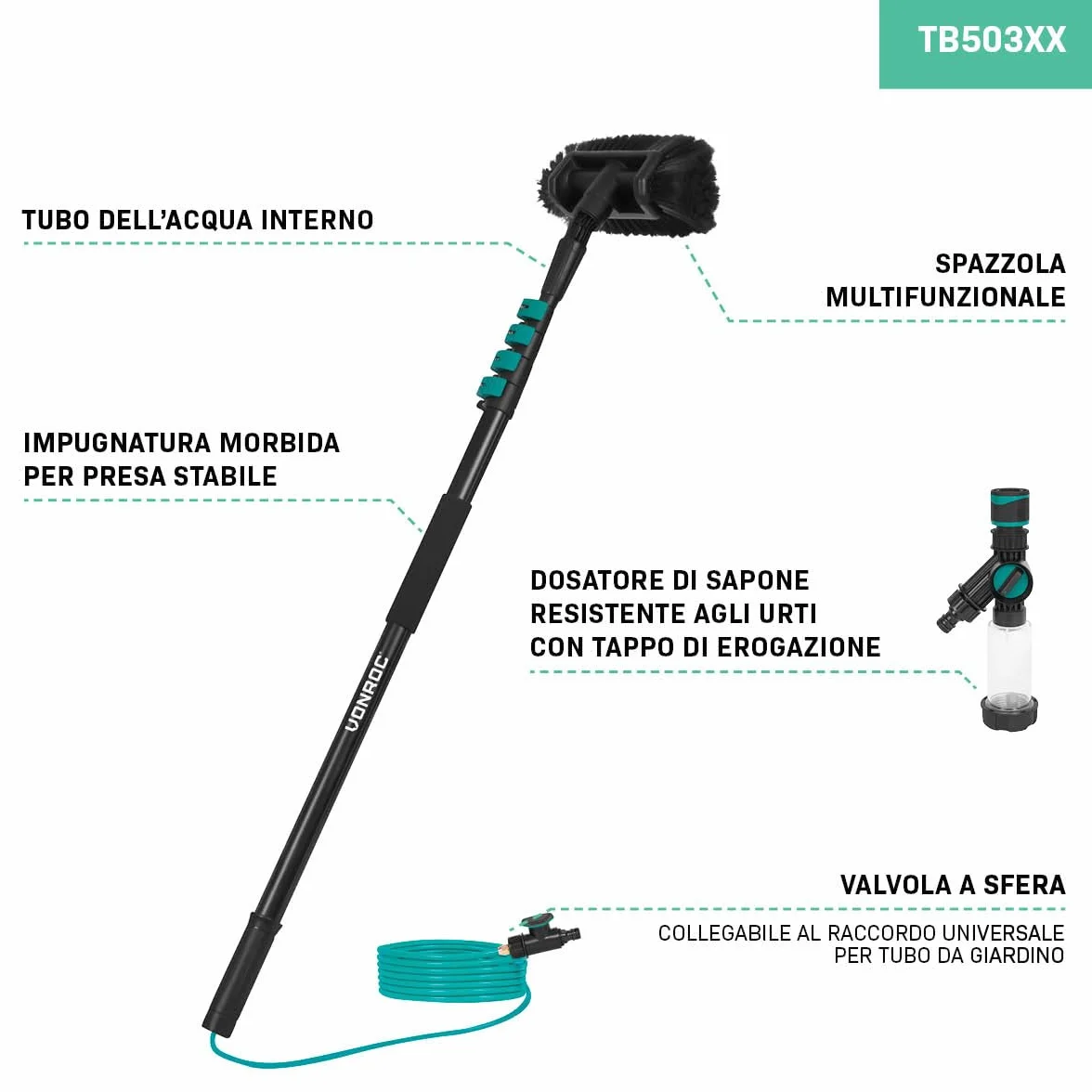 VONROC Spazzola telescopica- 4,60 m - Include spazzola multiuso, tubo flessibile da 6 metri e dispenser di sapone