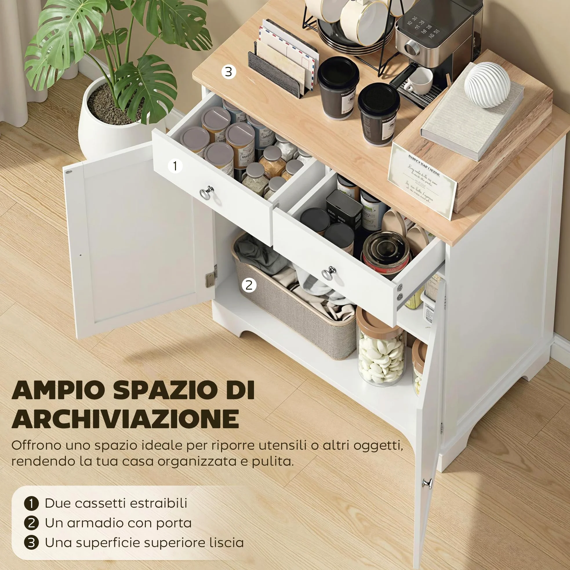 HOMCOM Credenza Soggiorno con 2 Cassetti e Armadietto con Ripiano Regolabile, Madia Soggiorno con Piano di Lavoro in Legno di Caucciù, per Ingresso, Cucina e Sala da Pranzo, Bianco