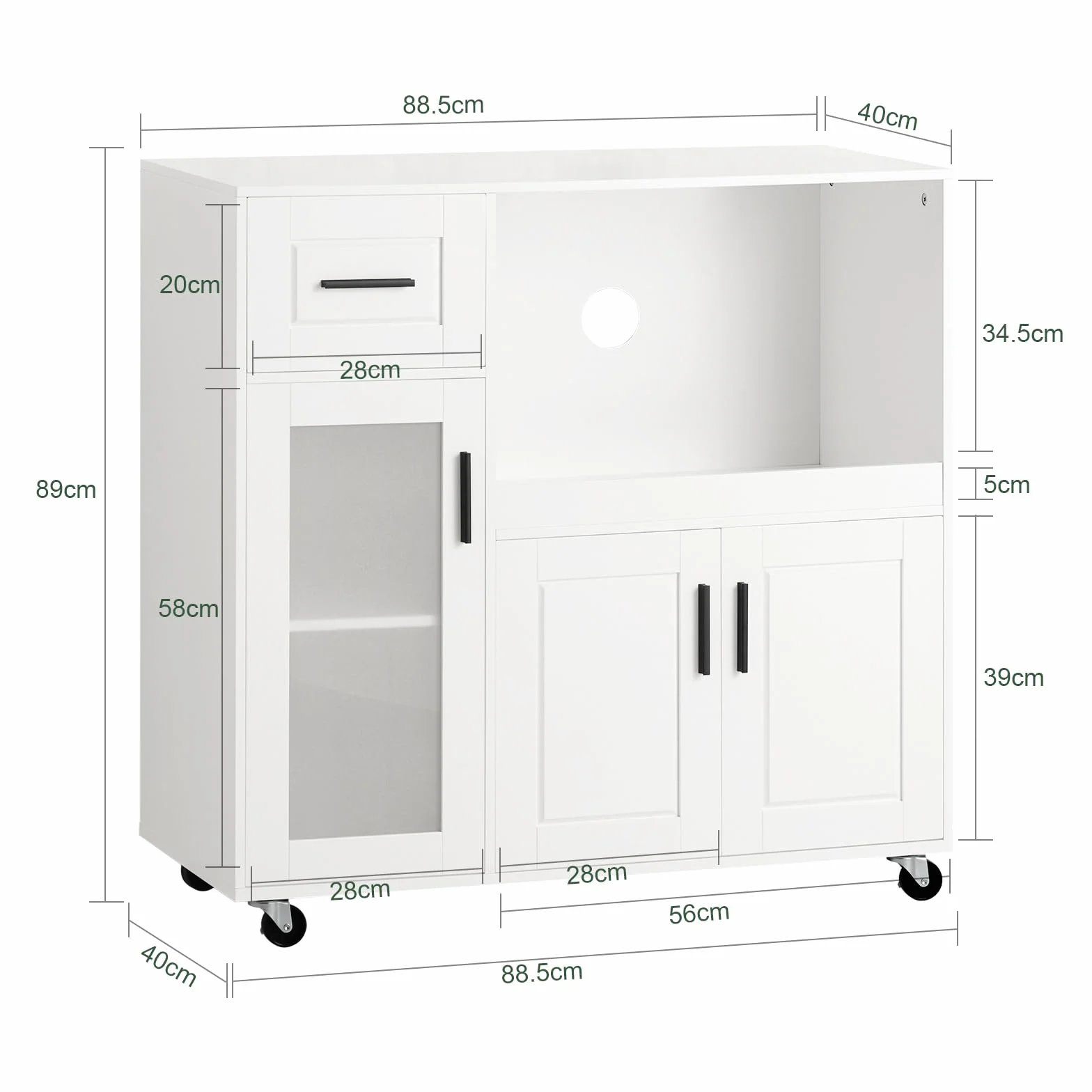 SoBuy Carrello da Cucina, Isola Cucina con Ruote, Mobili da Cucina, Supporto per Microonde, Carrello Mobile per Sala da Pranzo e Ufficio 88,5 x 40 x 89 cm Bianco FSB78-W