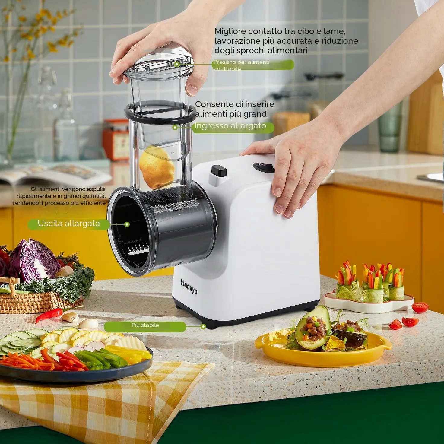 Huanyu Grattugia elettrica per formaggio Affettaverdure elettrico multifunzionale con 5 lame 250W Insalatiera elettrica e tritacarne Grattugia elettrica per frutta, verdura e formaggio (bianco)