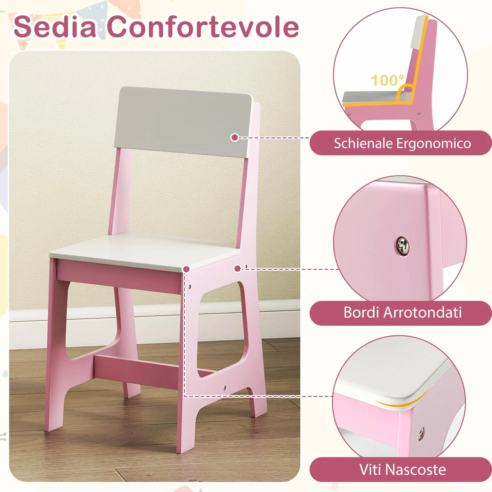 RELAX4LIFE Set Scrivania e Sedia per Bambini, Tavolo da Scrittura in Legno con Sedia, Ripiano, Bacheca, Cassetto, Armadio per Lettura, Disegno, Set di Tavoli da Studio per Bambini (Bianco+Rosa)