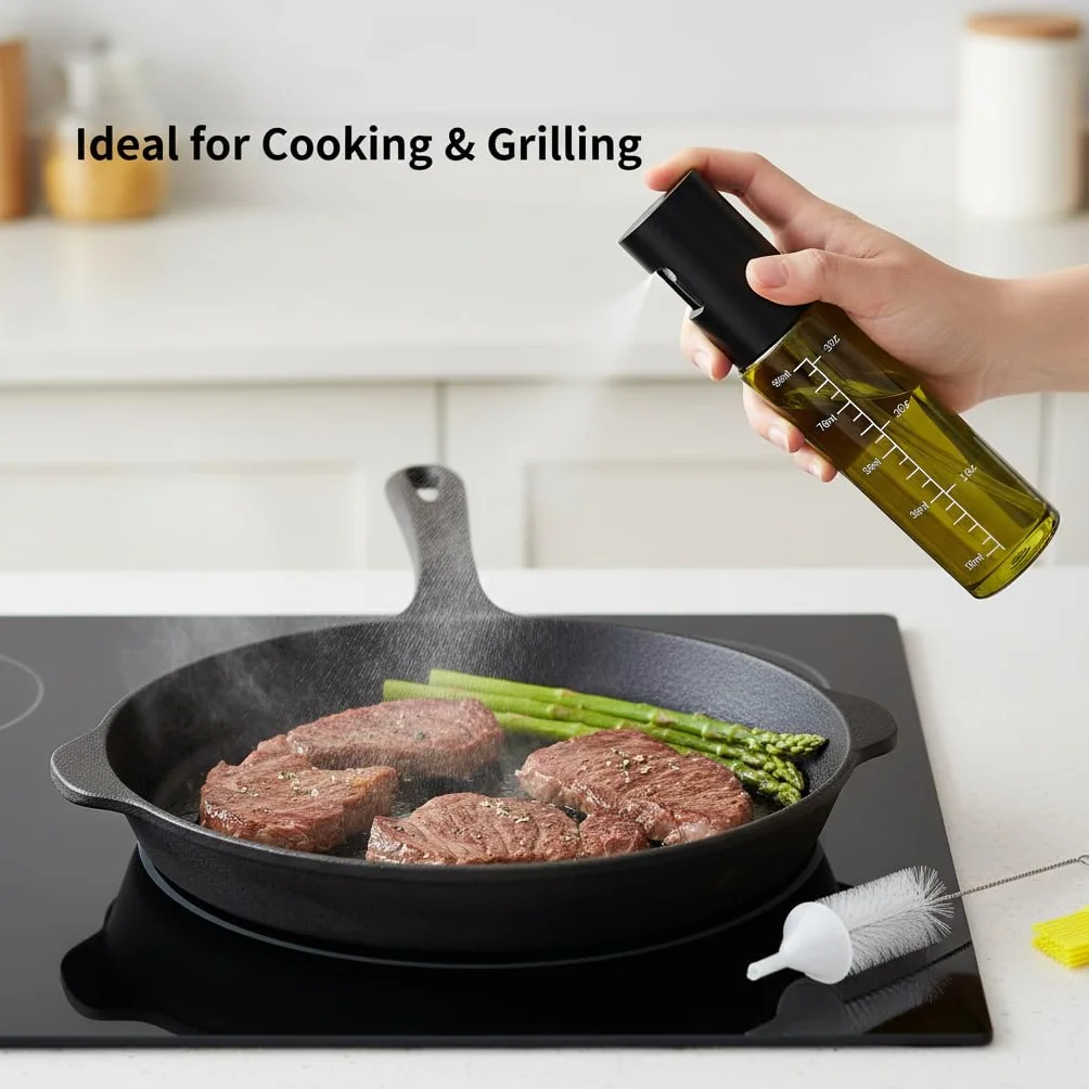 Spruzzatore Olio per Cucina in Vetro BPA Free con Scala, Imbuto e Spazzola - Oliera Spray per Air Fryer, BBQ, Insalata