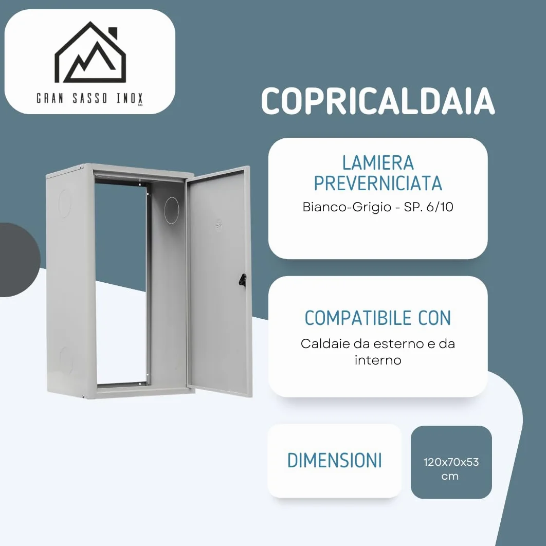 Copricaldaia da Esterno e Interno in Lamiera Preverniciata Bianco-Grigio SP. 6/10 – Dimensioni 120x70x53cm – Con Kit di Montaggio, QR code per Istruzioni e Pellicola Protettiva – Dotato di chiave
