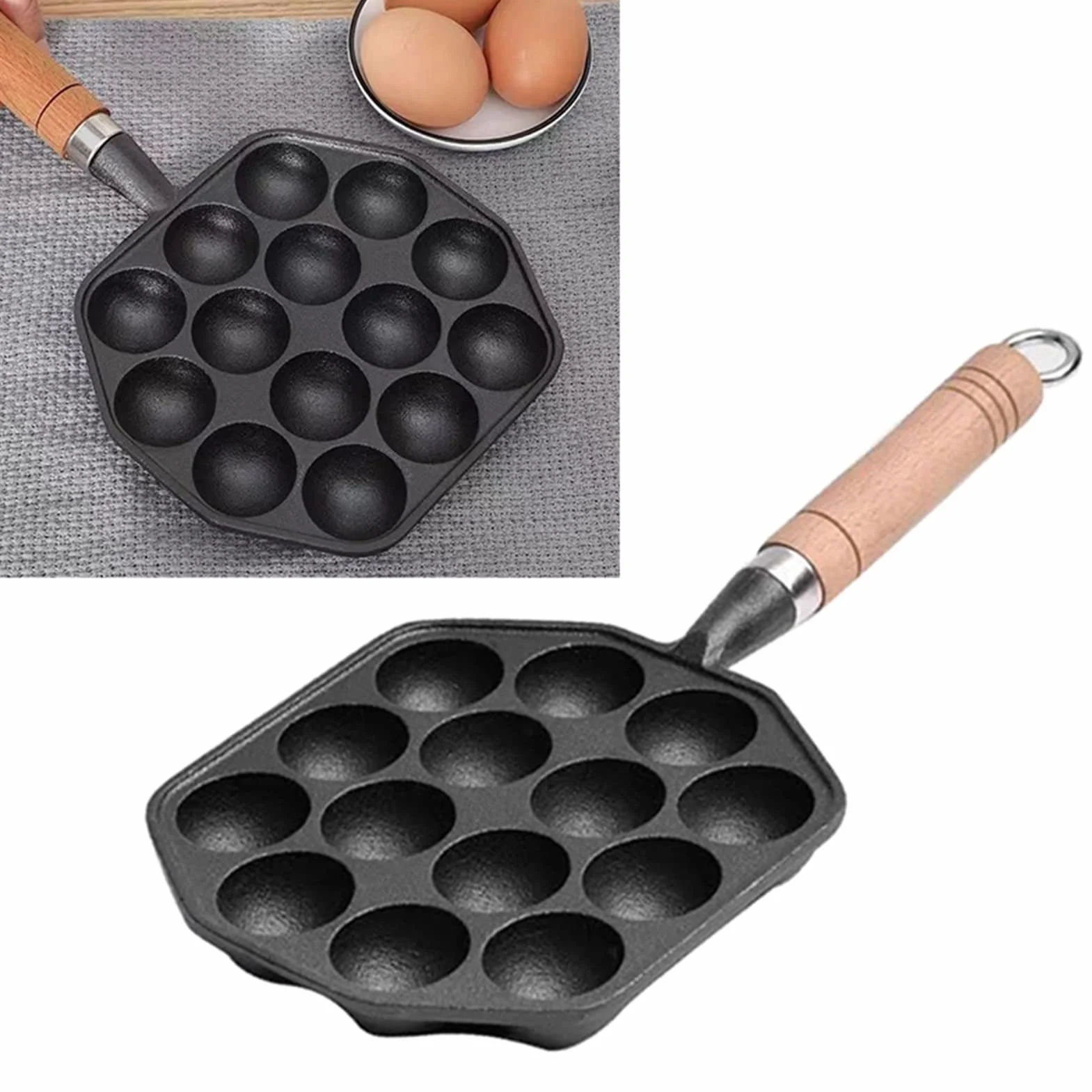Antiaderente Ghisa Takoyaki Pan 14 Fori con Manico Staccabile