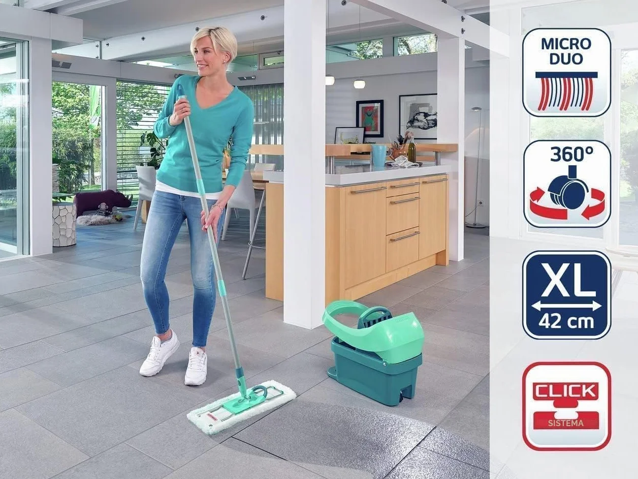 Leifheit Pressa Profi XL Set lavapavimenti, Mop lavapavimenti con strizzatore incorporato, Mop set con rotazione scopa a 360° e secchio con rotelle